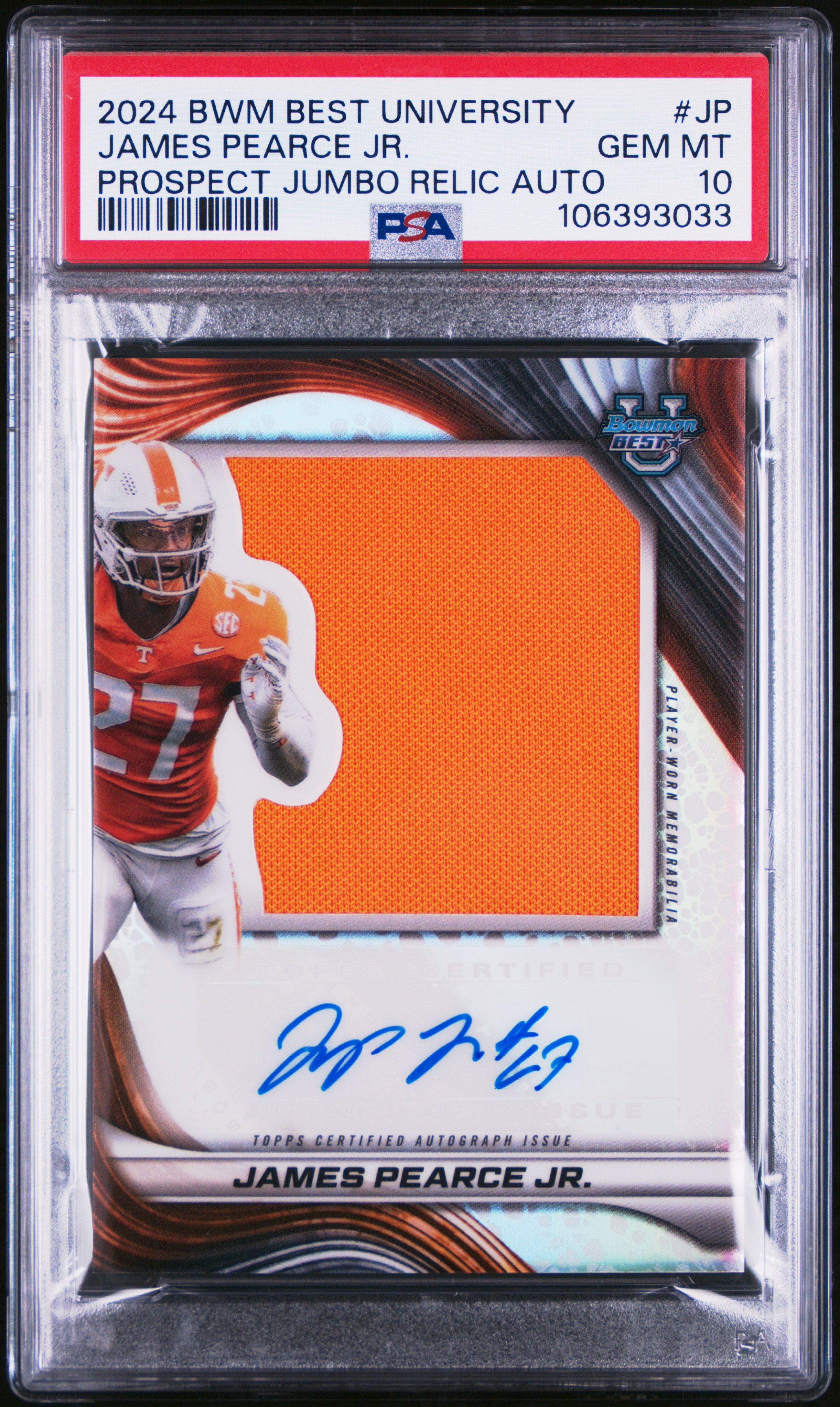 2024 Bowman Best University Prospect Jumbo Relic Autographs James Pearce Jr. #Jp Gem Mt 10 back
