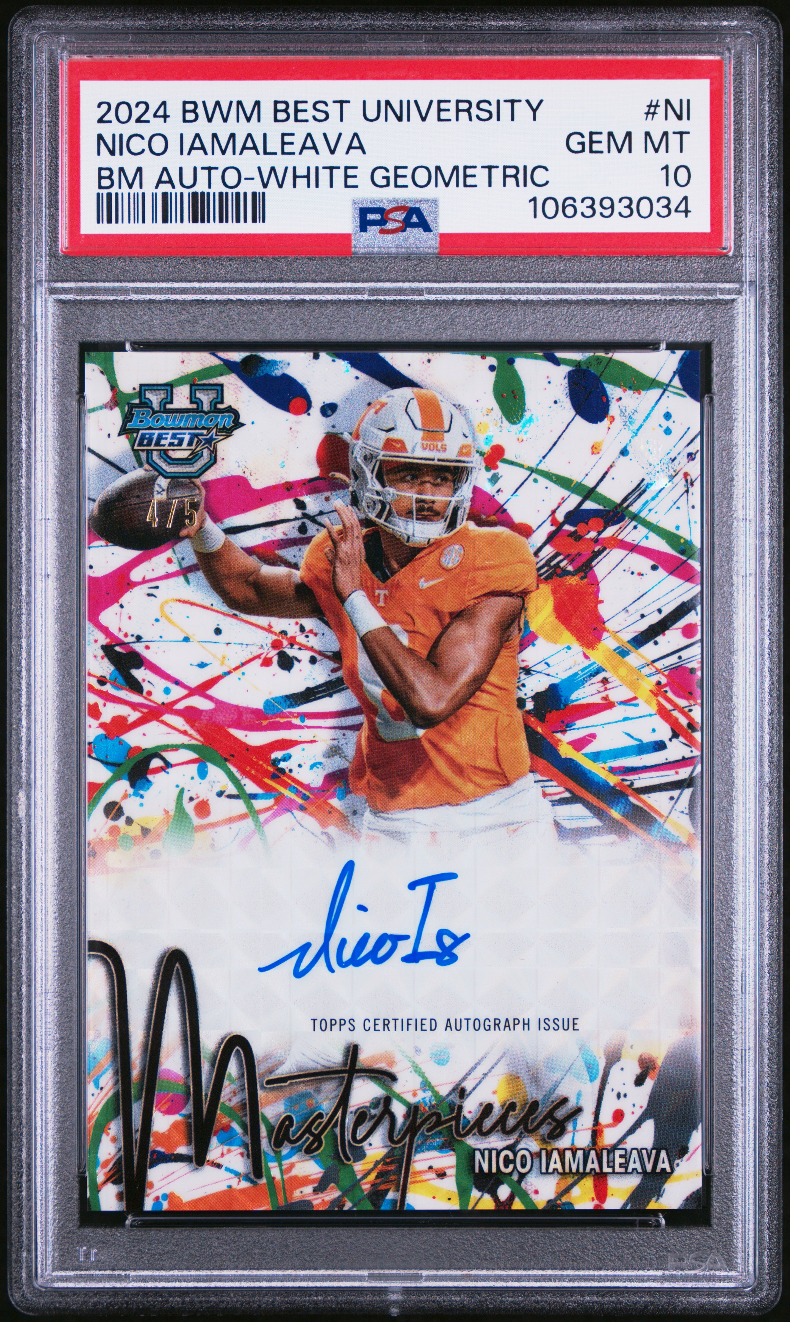 2024 Bowman Best University Bowman Masterpieces Autographs Nico Iamaleava #Ni (Bm Auto-White Geometric) Gem Mt 10 back
