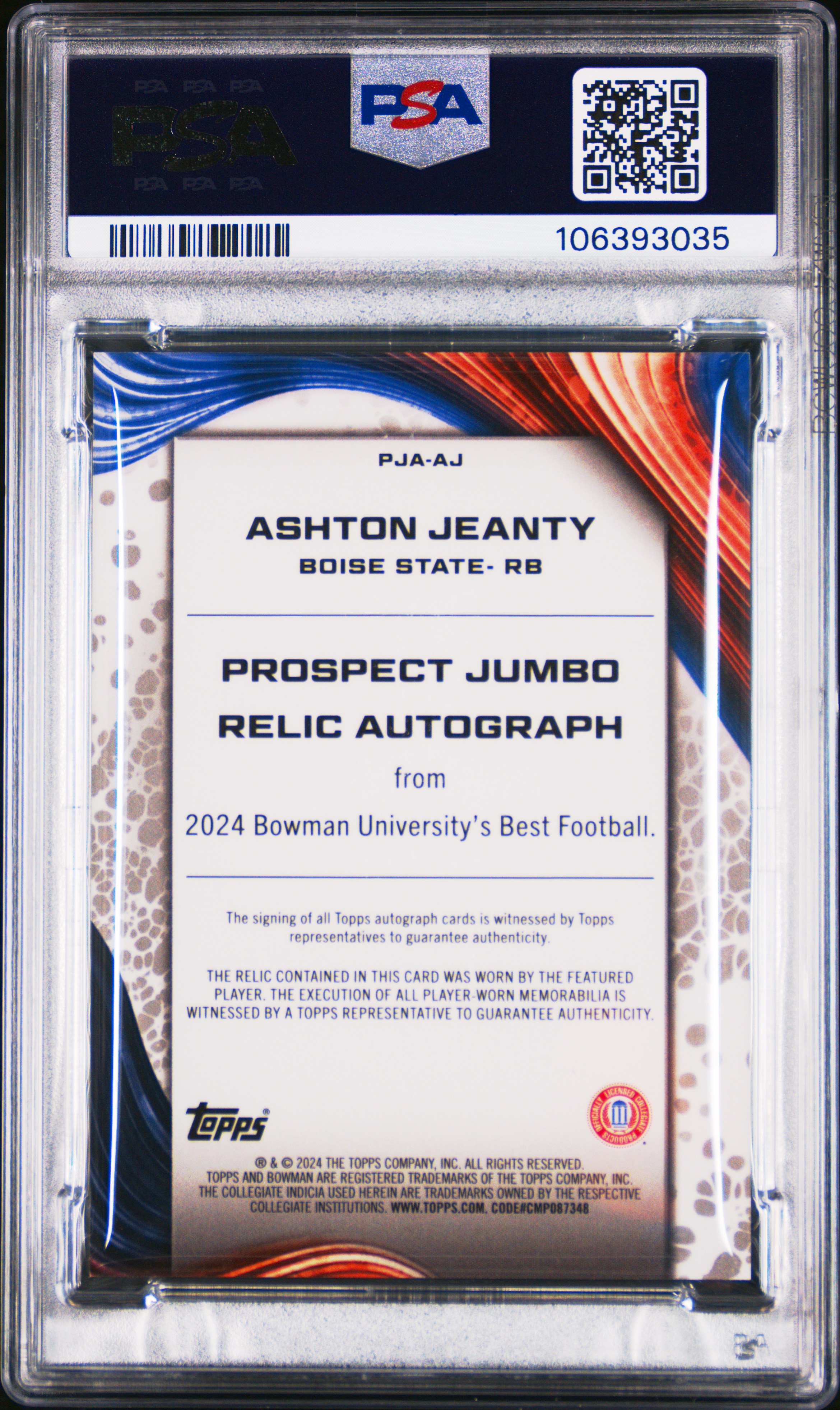 2024 Bowman Best University Prospect Jumbo Relic Autographs Ashton Jeanty #Aj Gem Mt 10 front