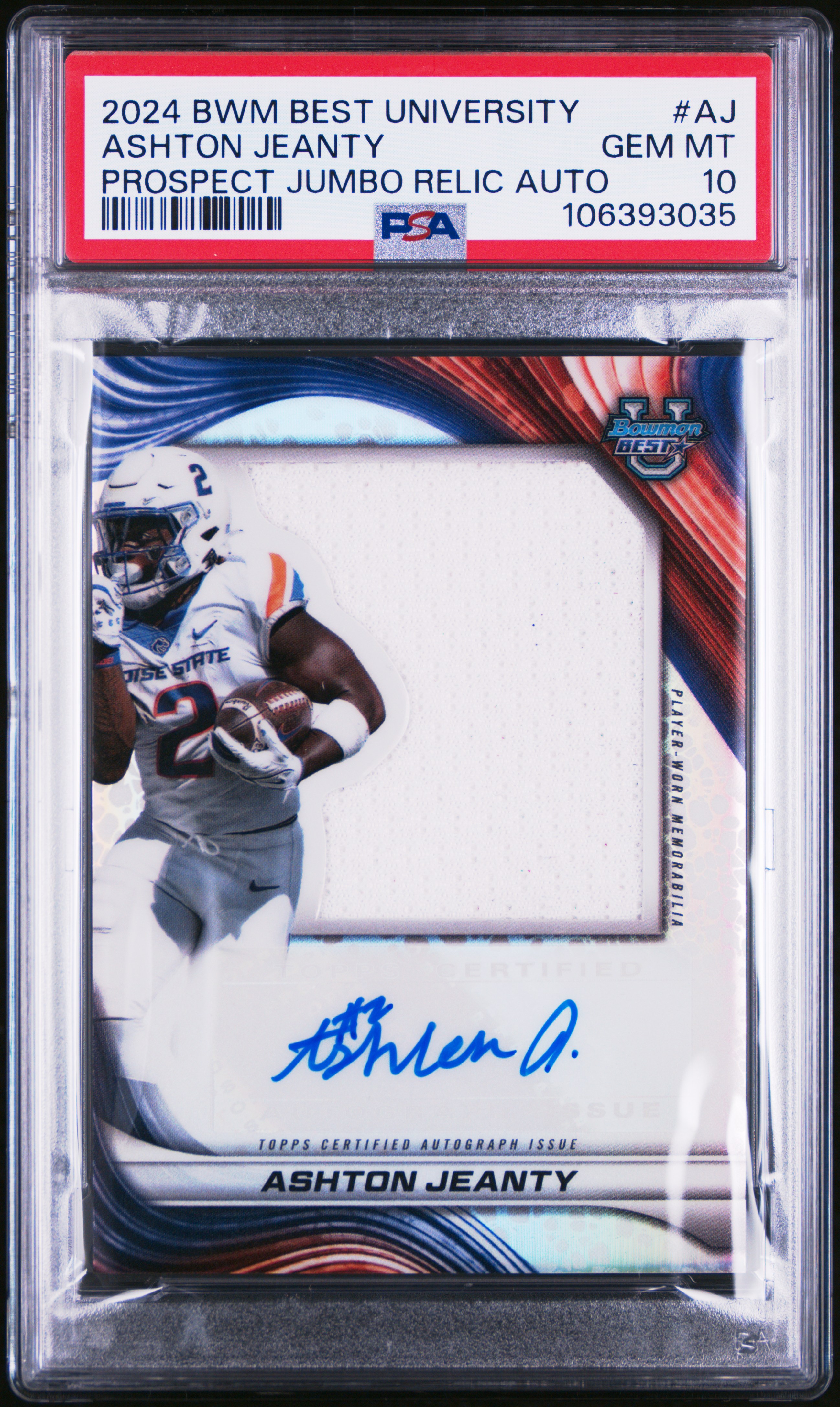 2024 Bowman Best University Prospect Jumbo Relic Autographs Ashton Jeanty #Aj Gem Mt 10 back