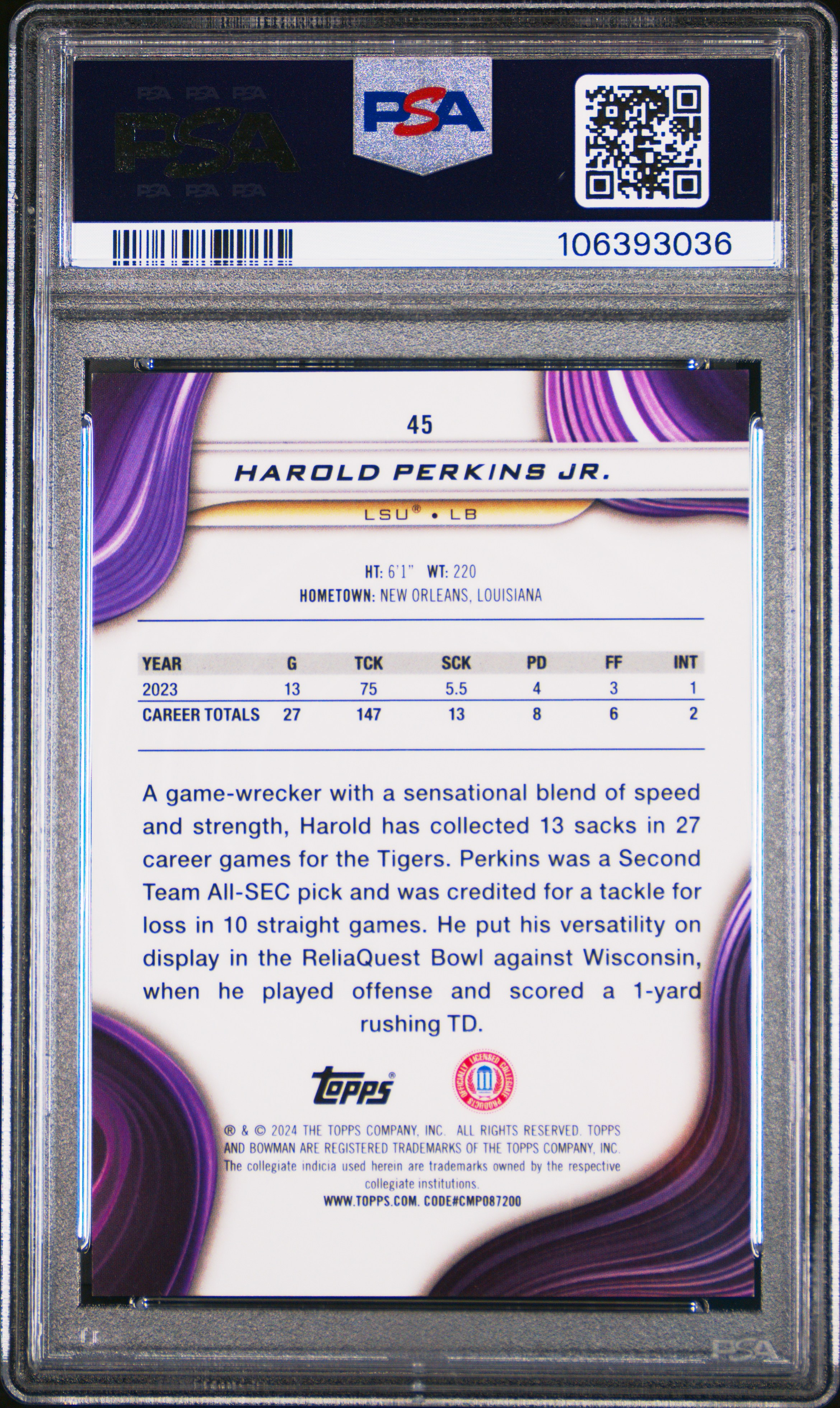 2024 Bowman Best University Harold Perkins Jr. #45 (Red Refractor) Mint 9 front