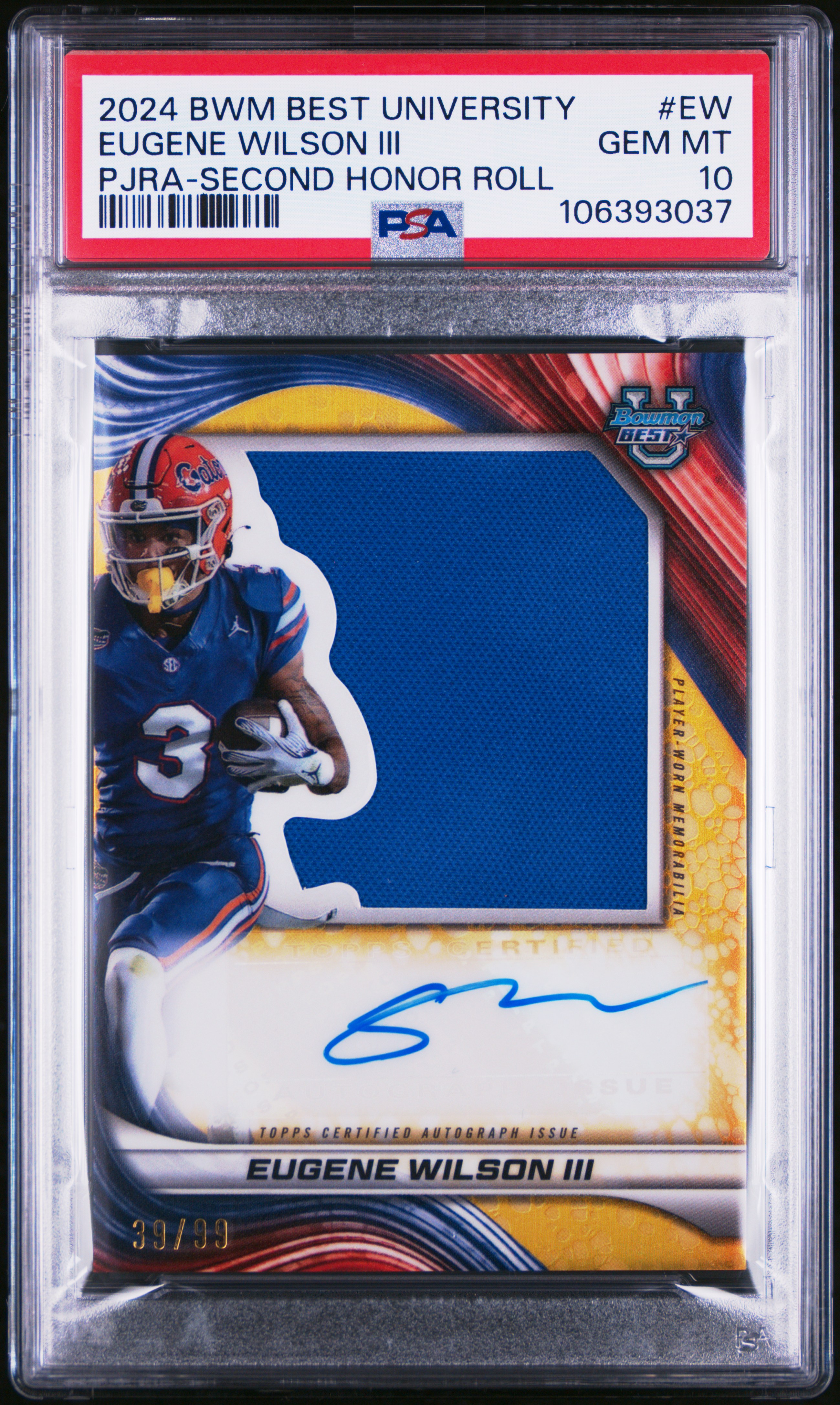 2024 Bowman Best University Prospect Jumbo Relic Autographs Eugene Wilson Iii #Ew (Pjra-Second Honor Roll) Gem Mt 10 back