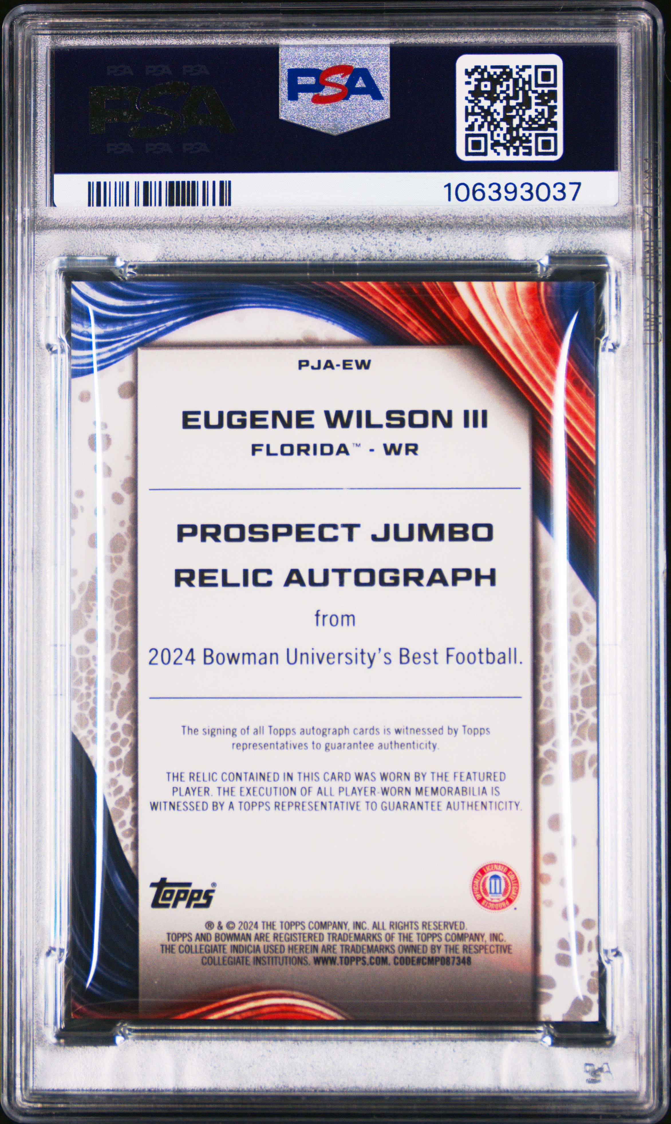 2024 Bowman Best University Prospect Jumbo Relic Autographs Eugene Wilson Iii #Ew (Pjra-Second Honor Roll) Gem Mt 10 front