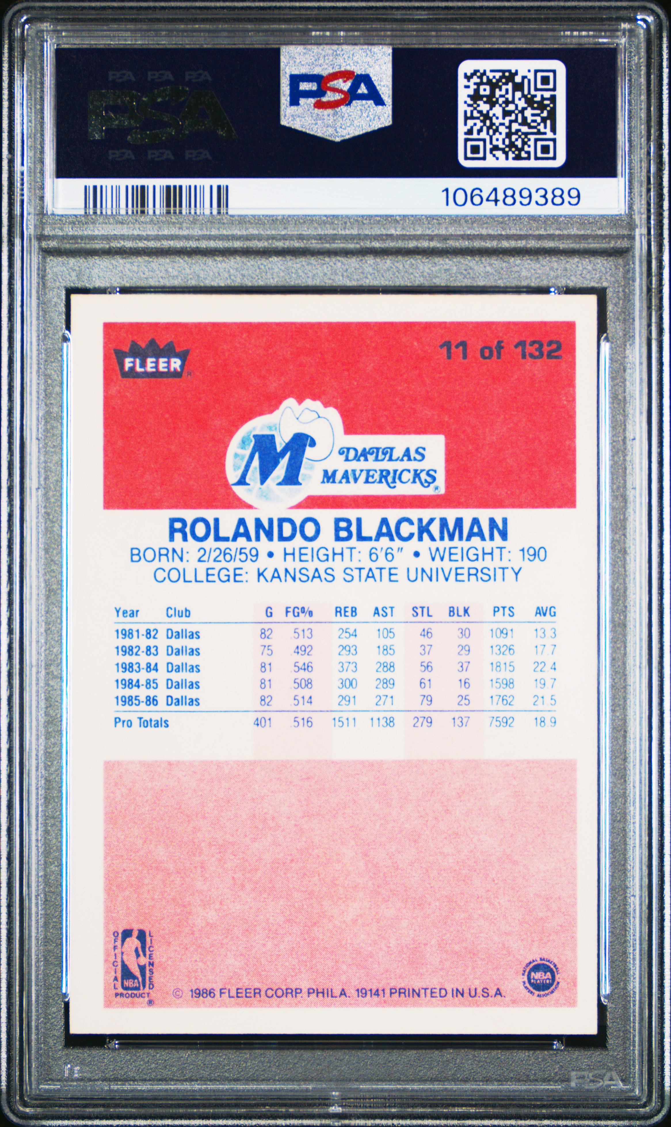 1986 Fleer Rolando Blackman #11 Nm 7 front
