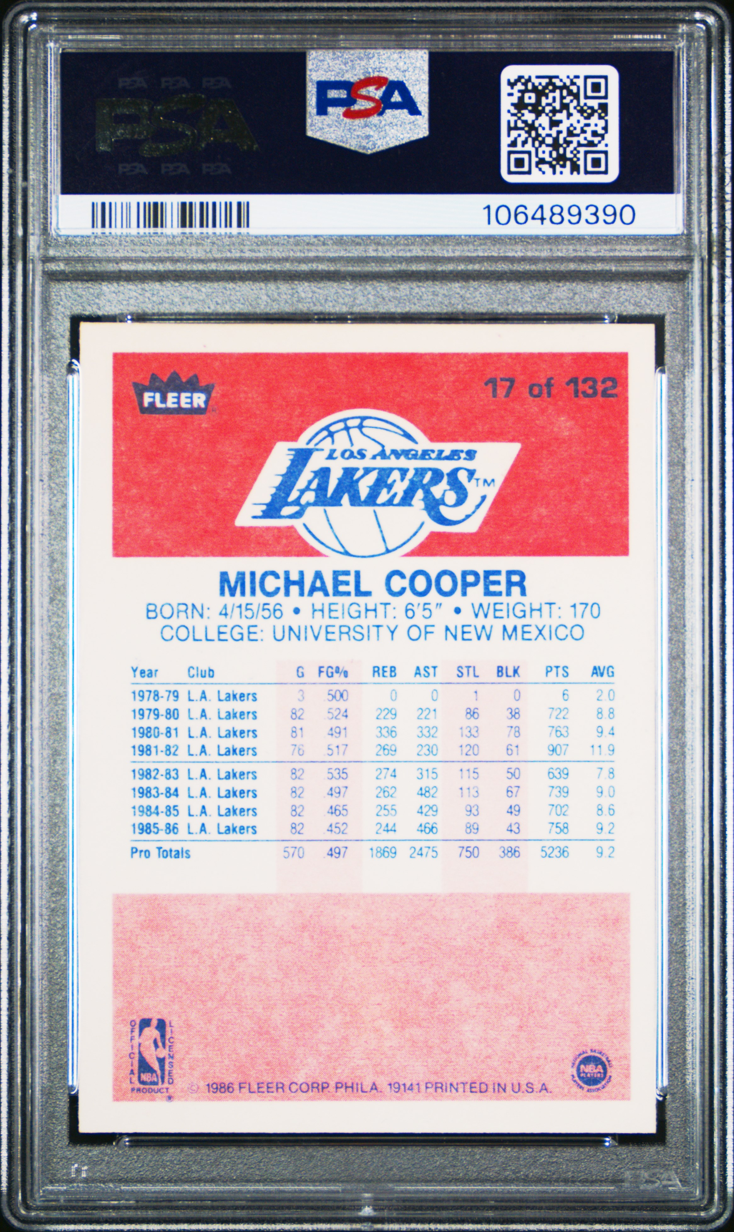 1986 Fleer Michael Cooper #17 Mint 9 front