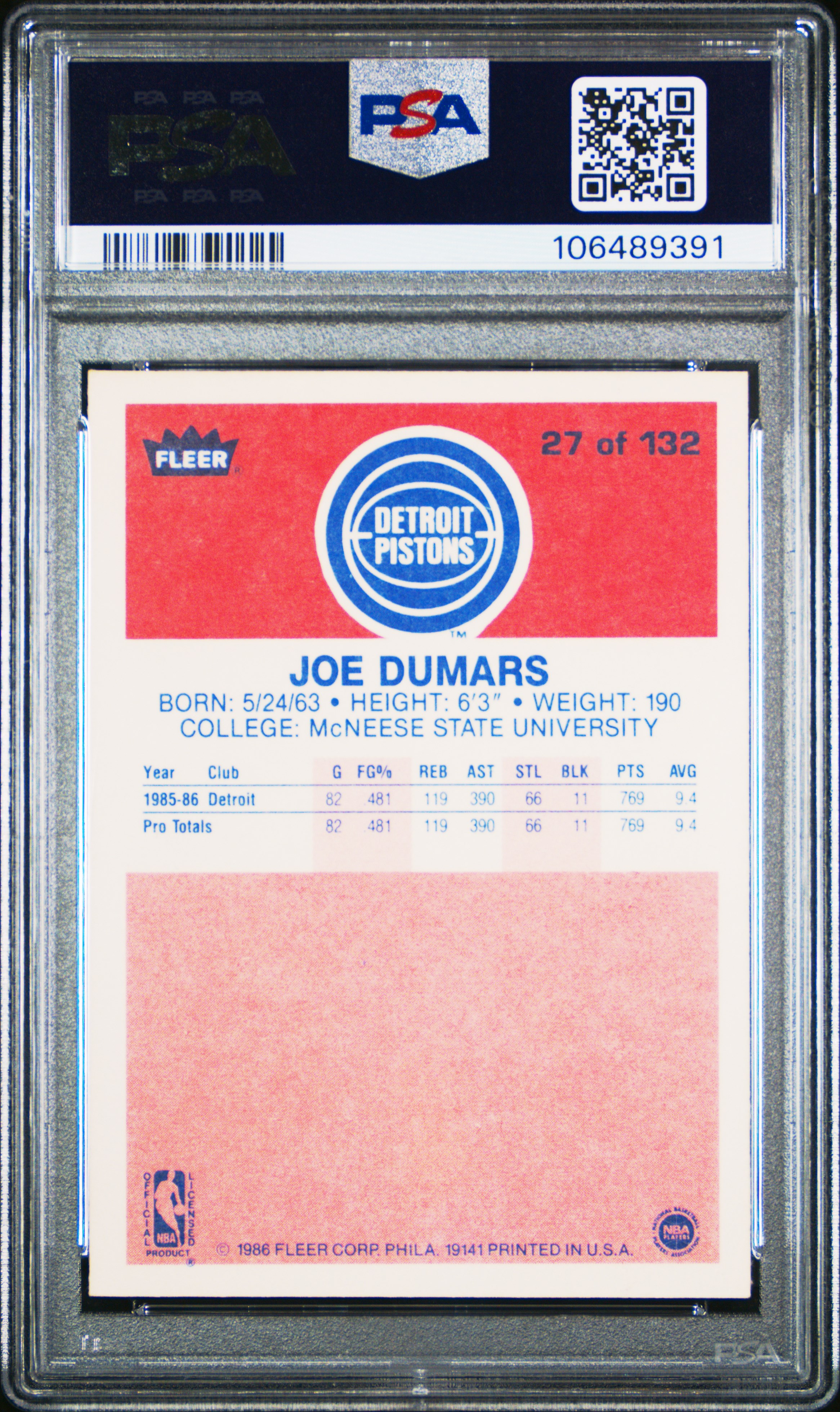 1986 Fleer Joe Dumars #27 Nm-Mt 8 front