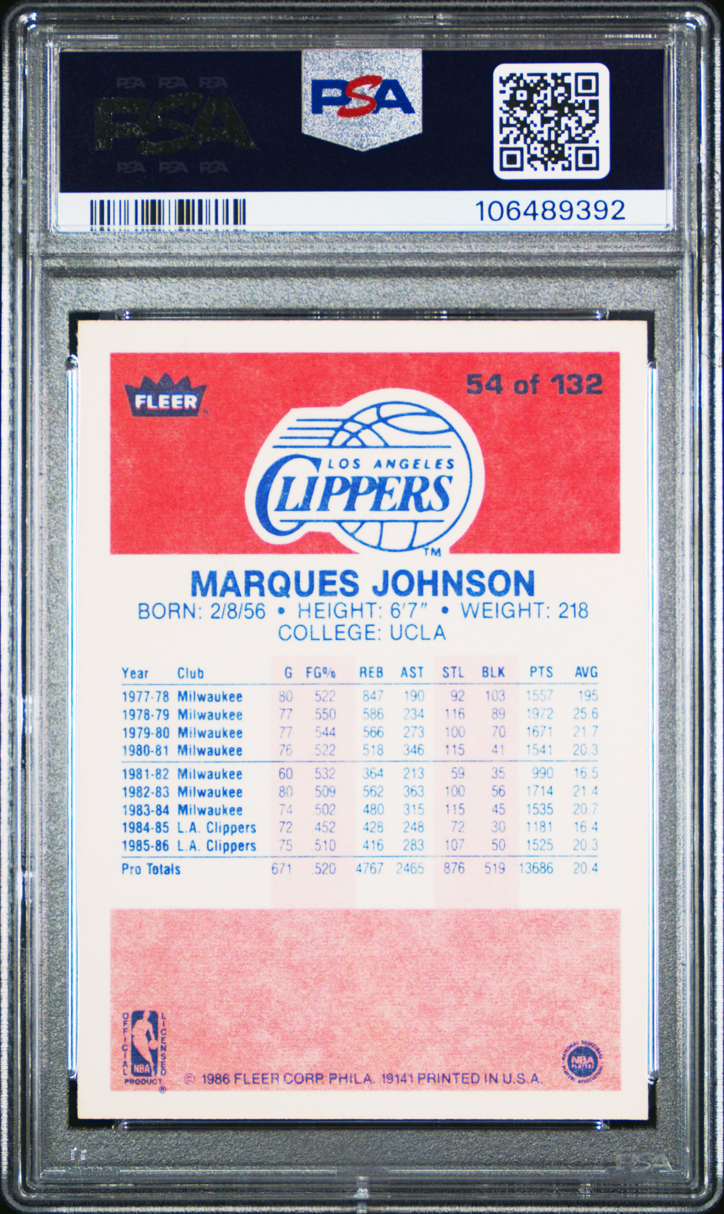 1986 Fleer Marques Johnson #54 Mint 9 front