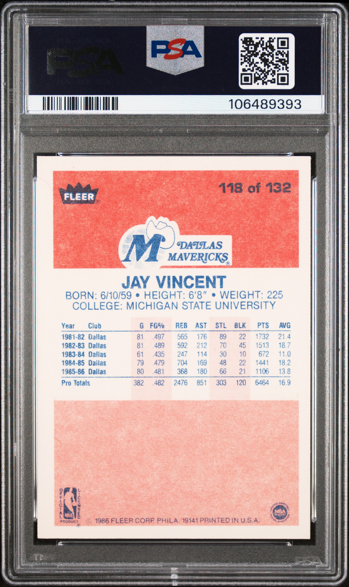 1986 Fleer Jay Vincent #118 Nm 7 front