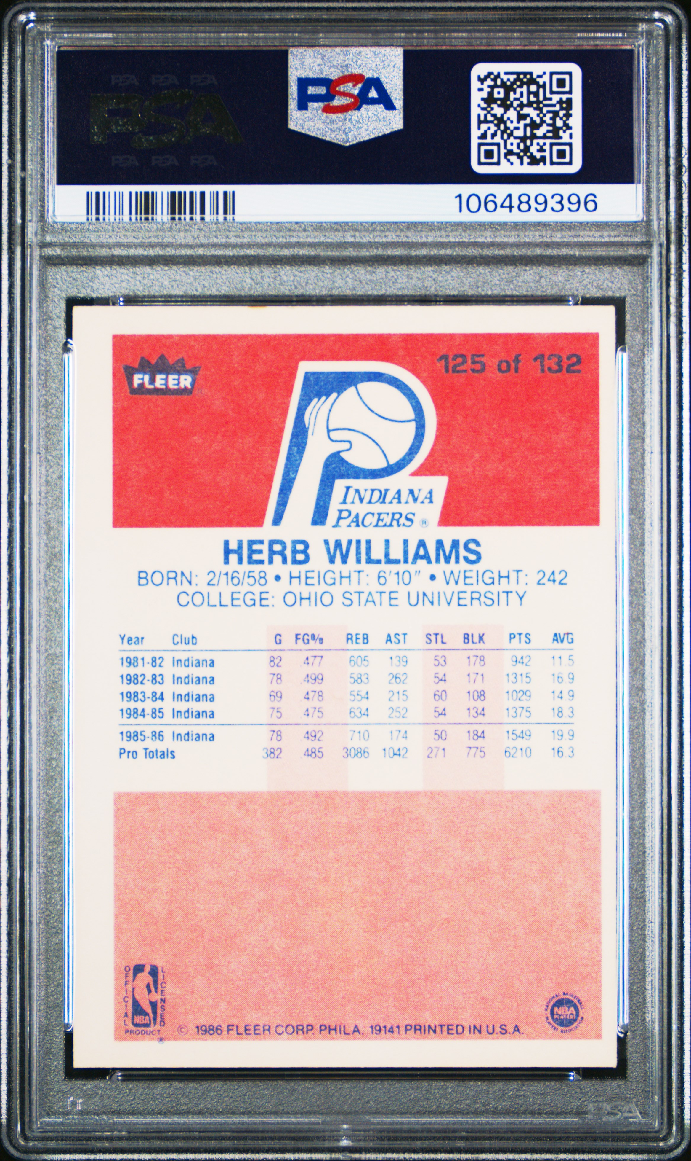 1986 Fleer Herb Williams #125 Nm 7 front