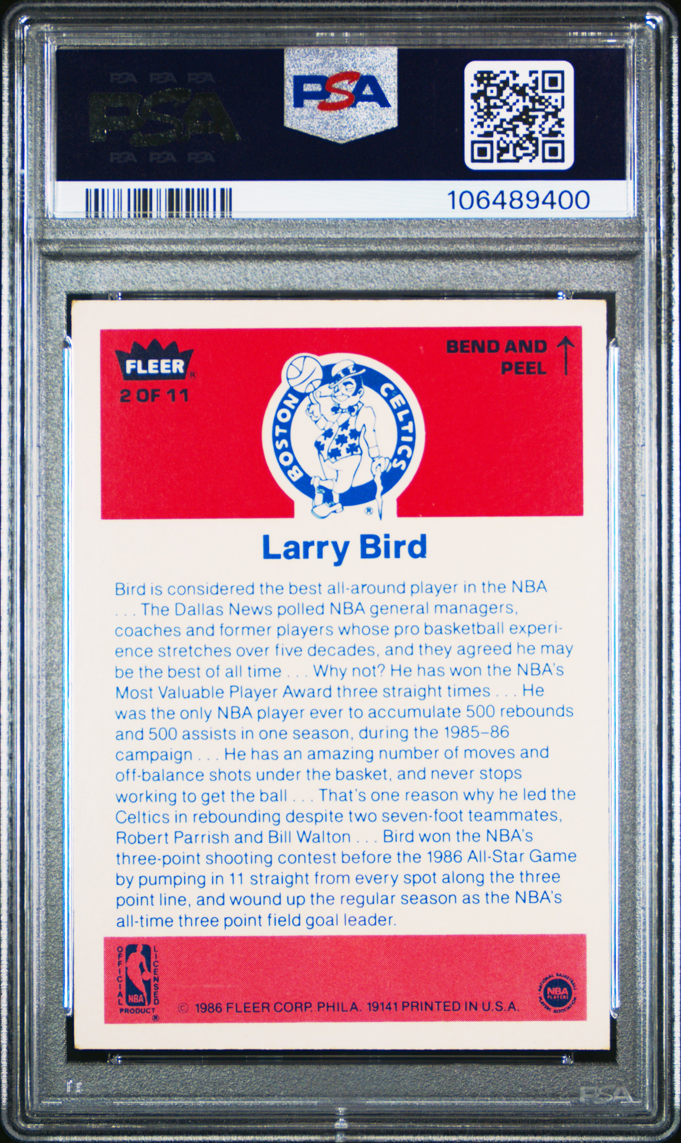 1986 Fleer Sticker Larry Bird #2 Nm 7 front