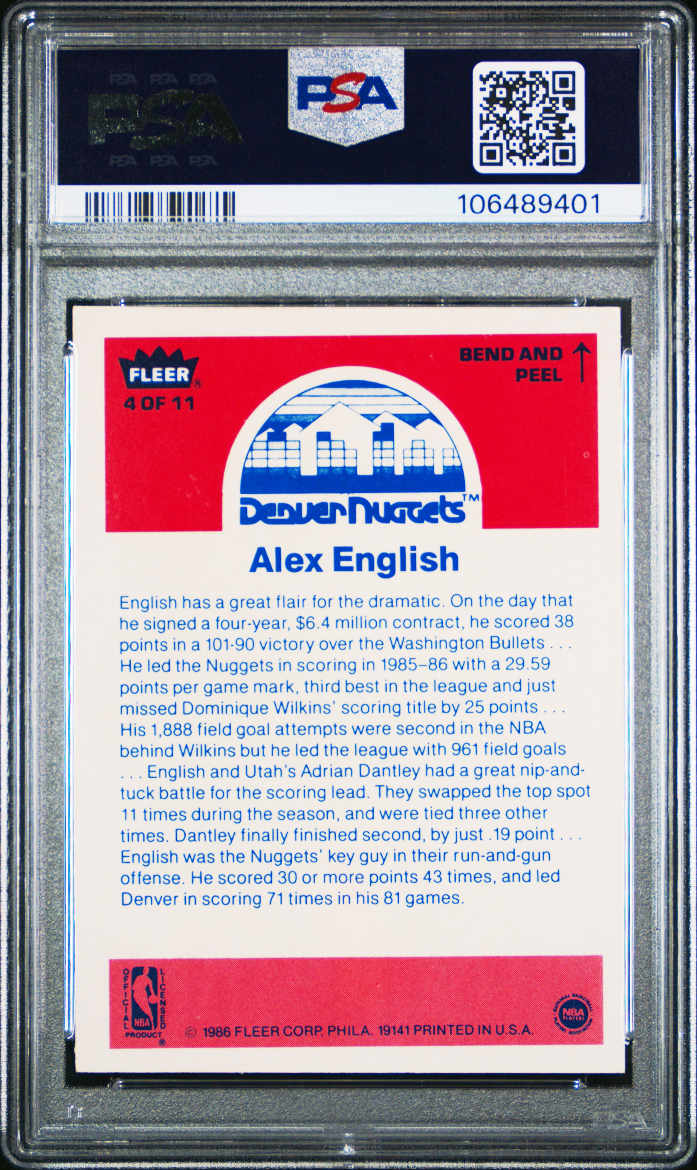 1986 Fleer Sticker Alex English #4 Nm 7 front