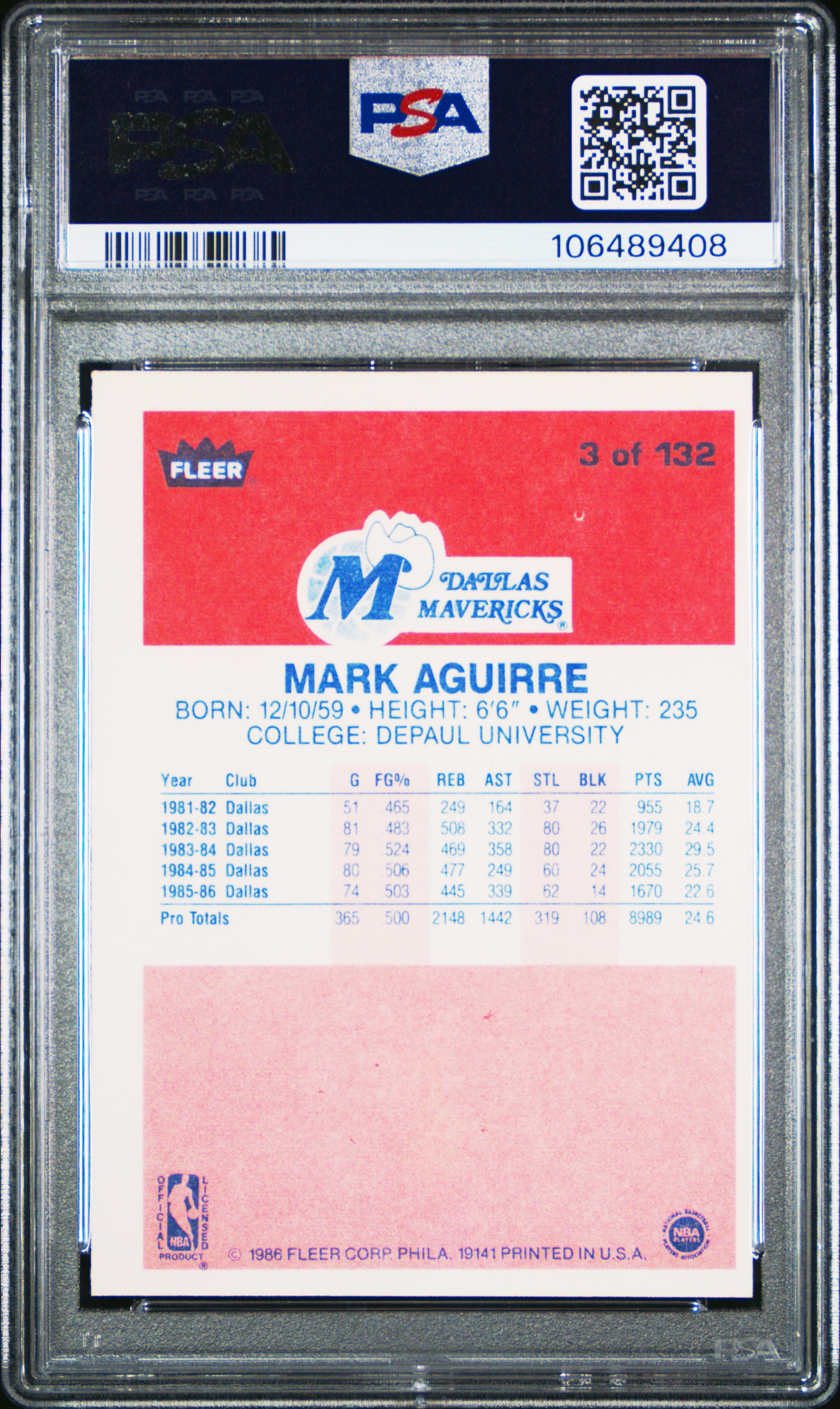 1986 Fleer Mark Aguirre #3 Nm 7 front