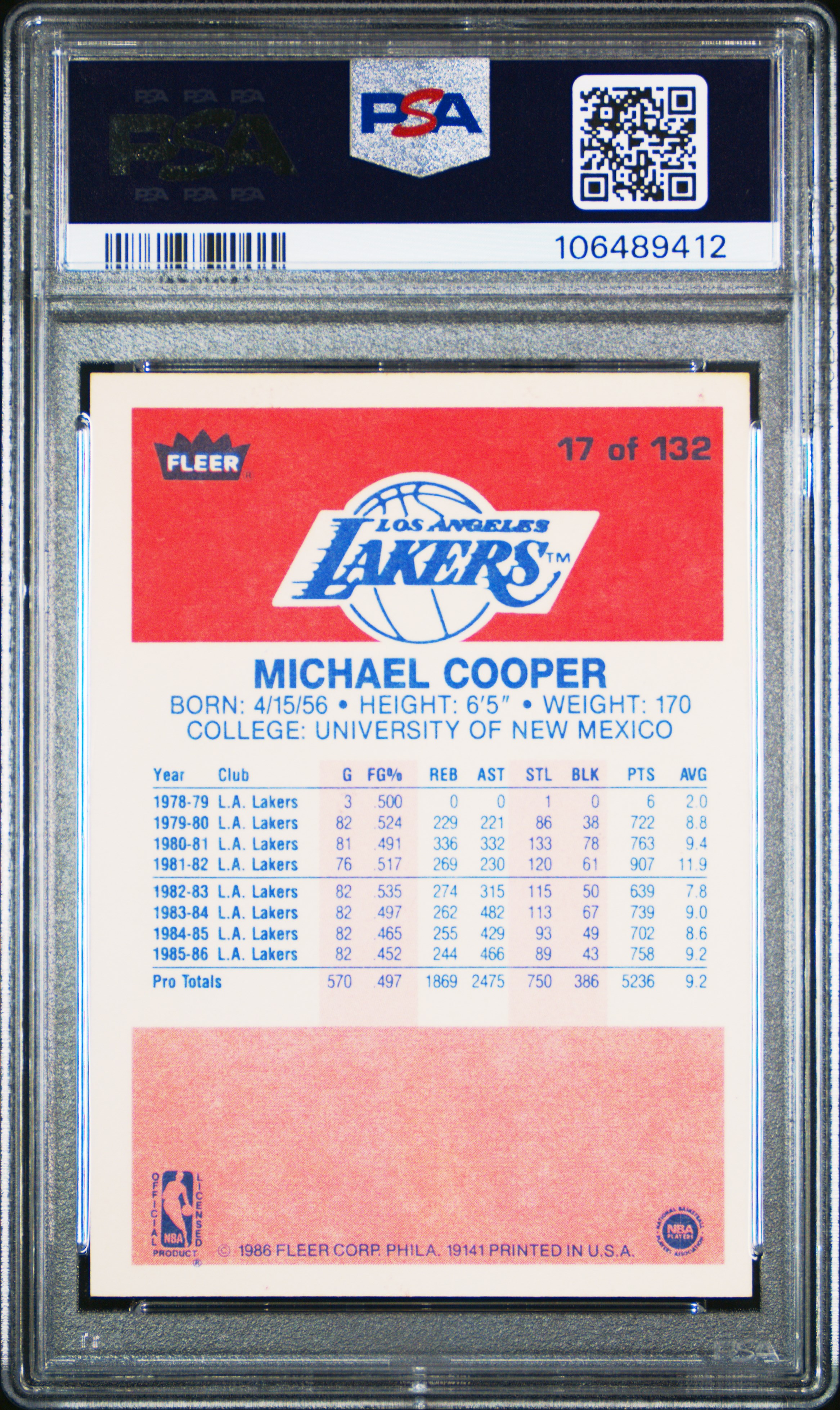 1986 Fleer Michael Cooper #17 Nm 7 front