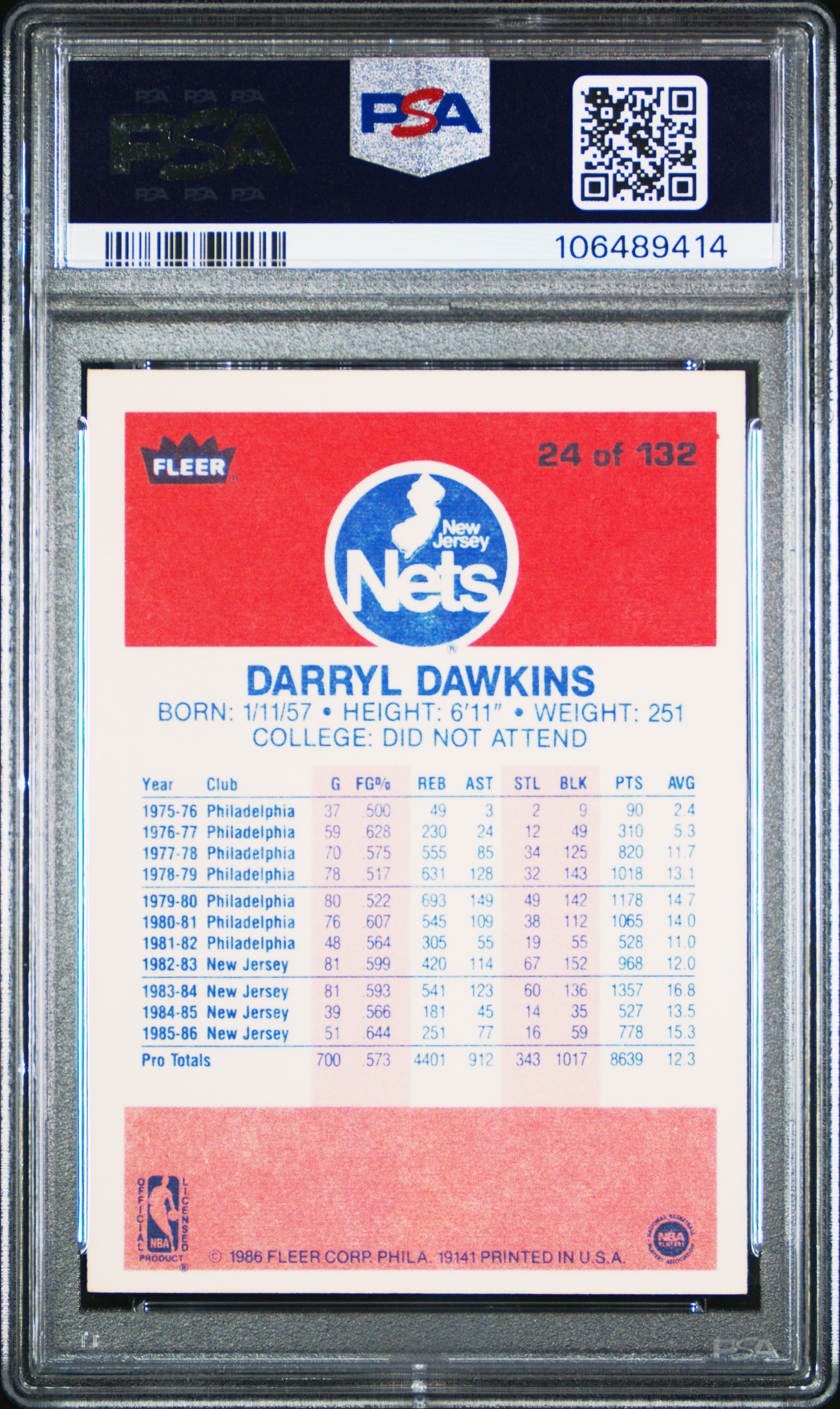 1986 Fleer Darryl Dawkins #24 Mint 9 front