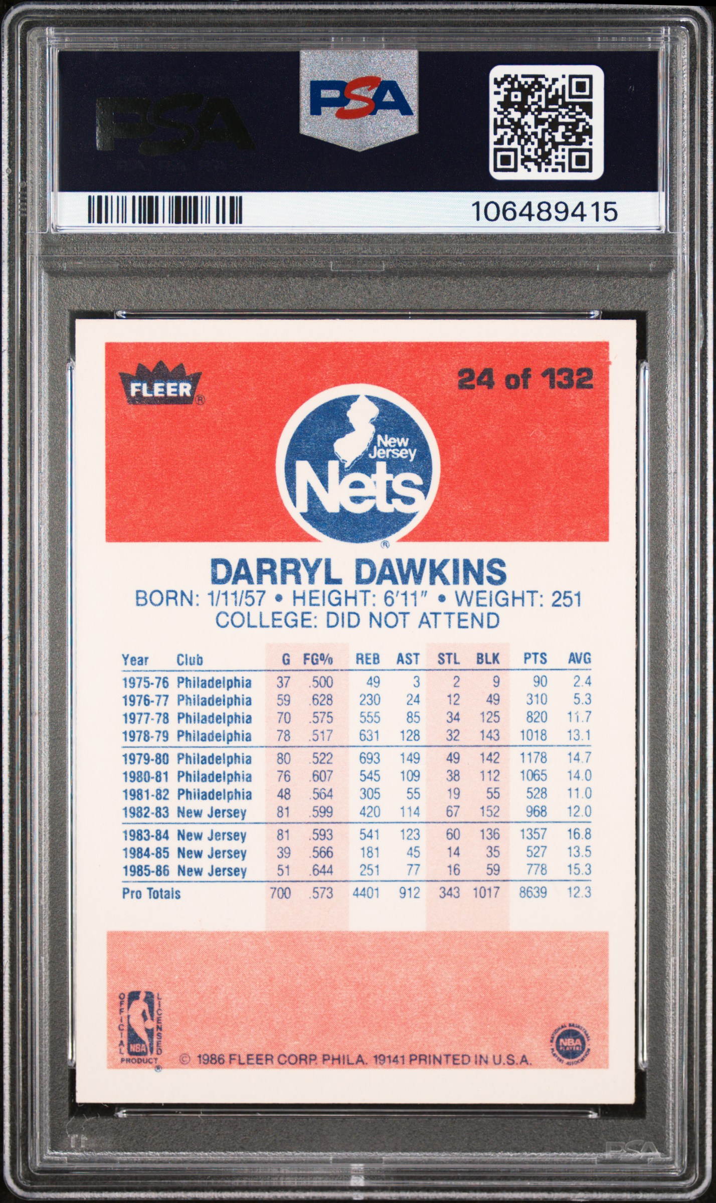 1986 Fleer Darryl Dawkins #24 Nm 7 front