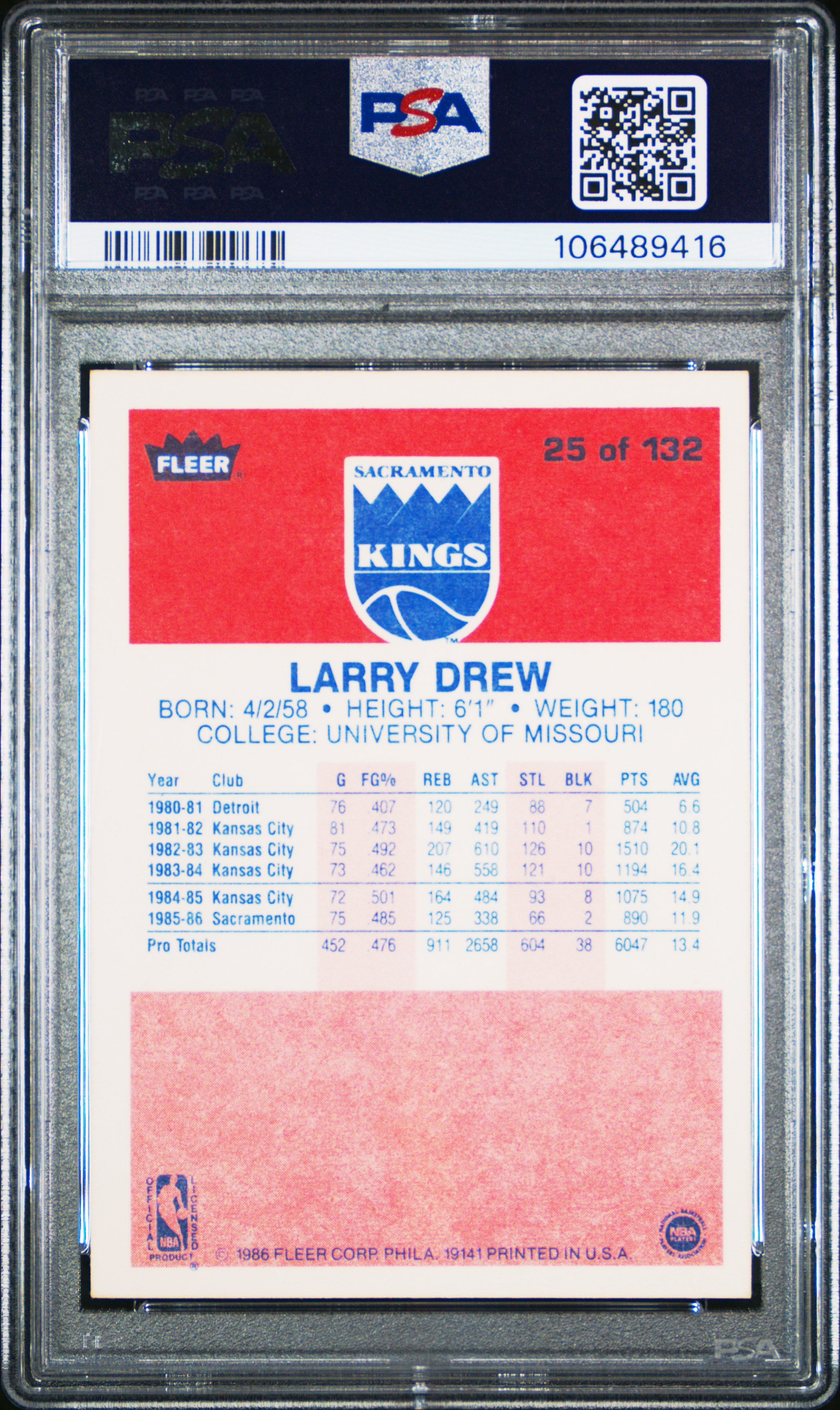 1986 Fleer Larry Drew #25 Nm-Mt 8 front
