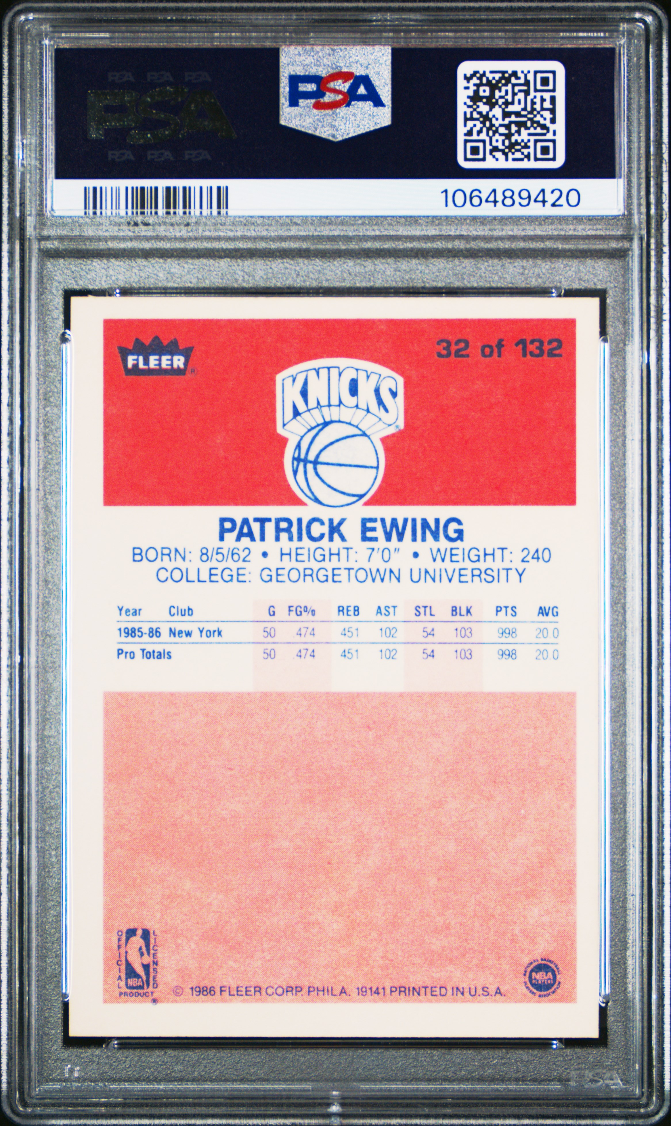 1986 Fleer Patrick Ewing #32 Nm 7 front