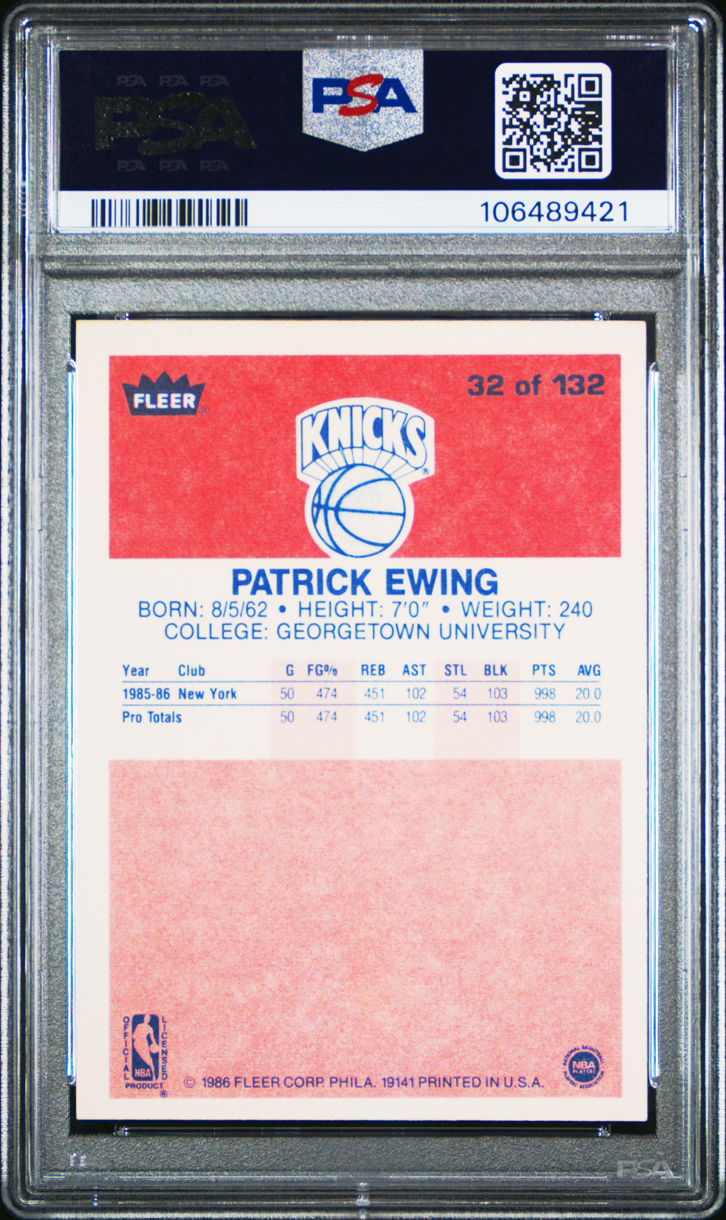 1986 Fleer Patrick Ewing #32 Nm 7 front