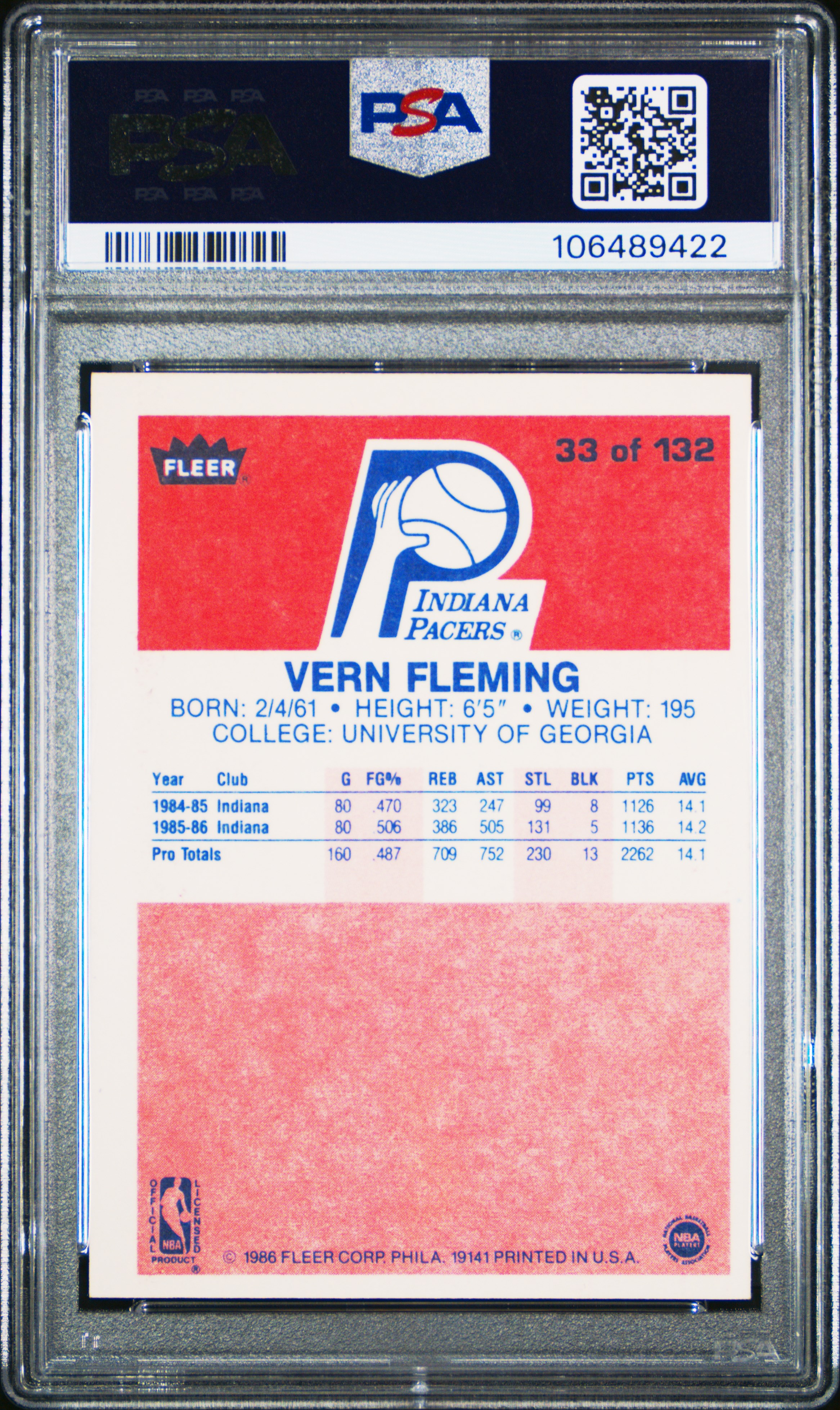 1986 Fleer Vern Fleming #33 Nm 7 front