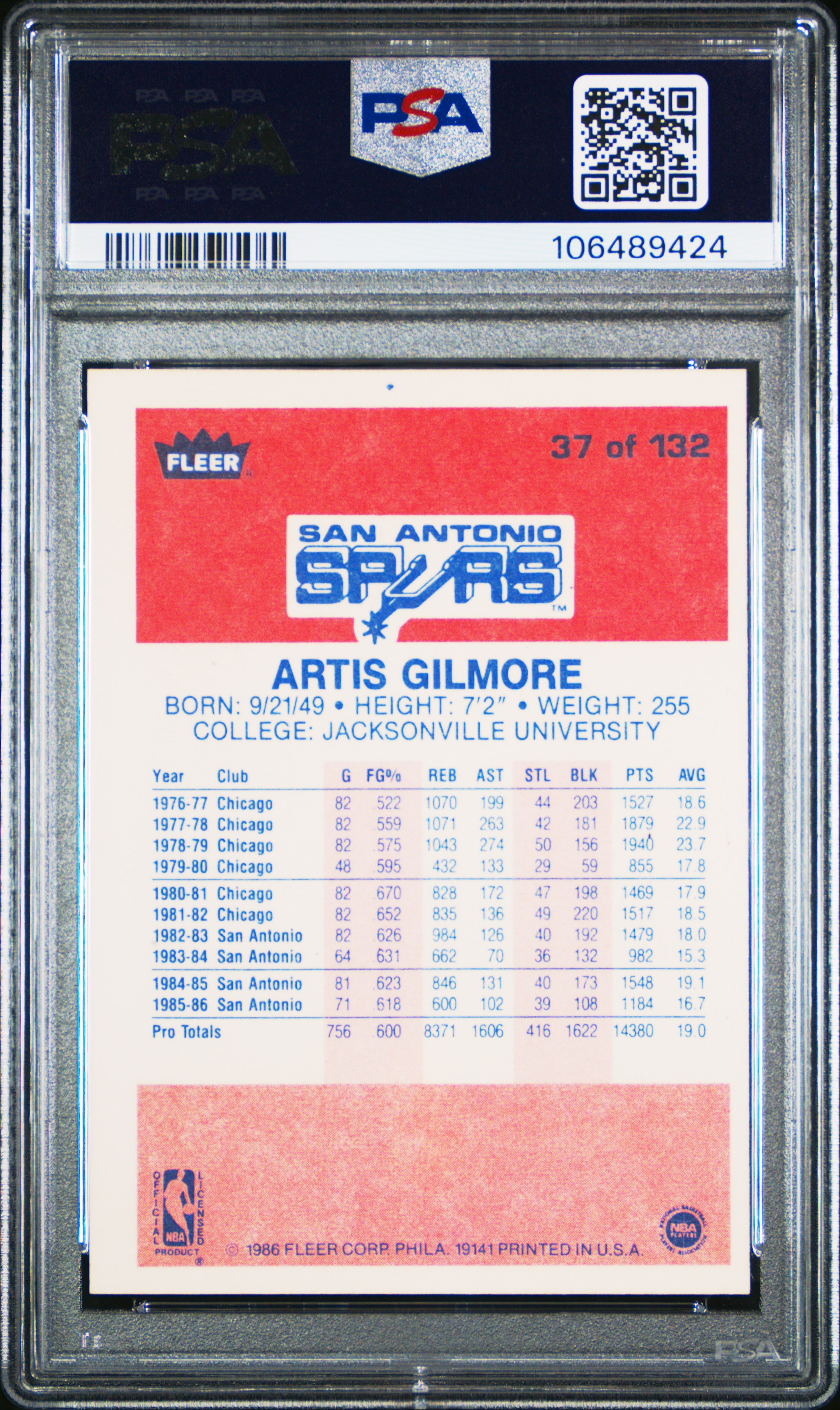 1986 Fleer Artis Gilmore #37 Nm 7 front