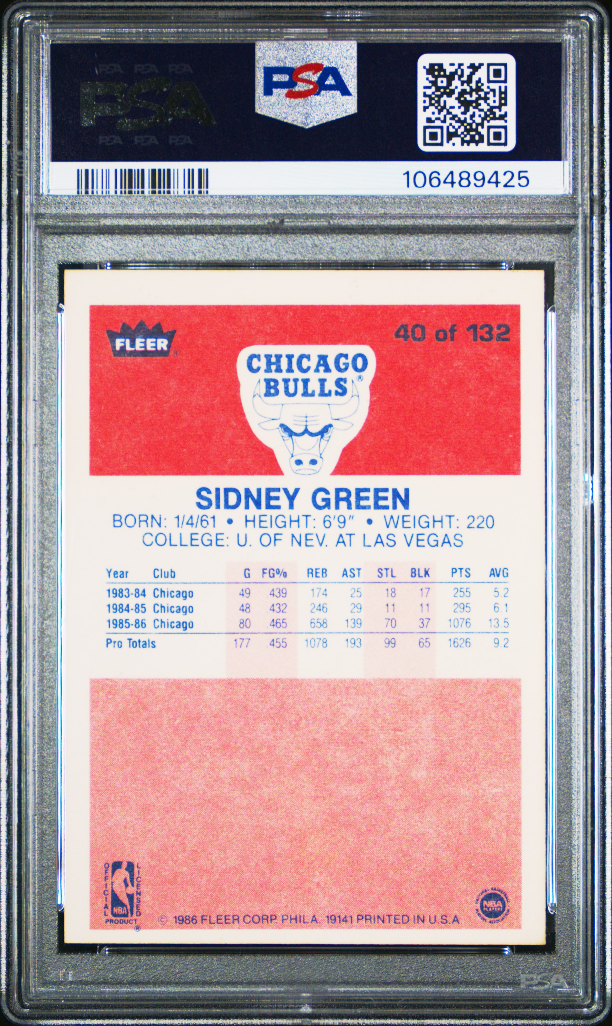1986 Fleer Sidney Green #40 Nm 7 front