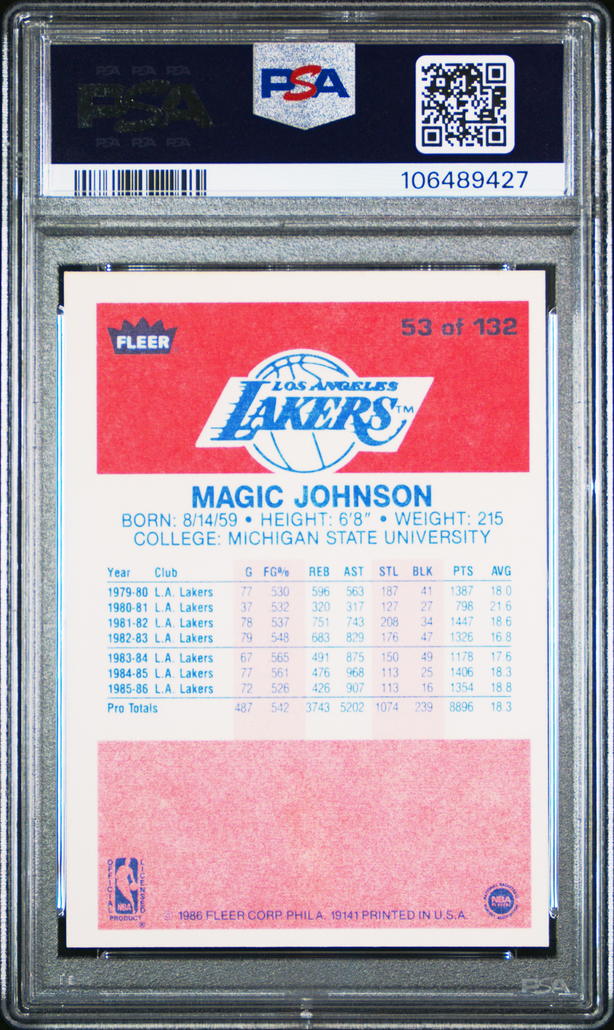 1986 Fleer Magic Johnson #53 Nm 7 front