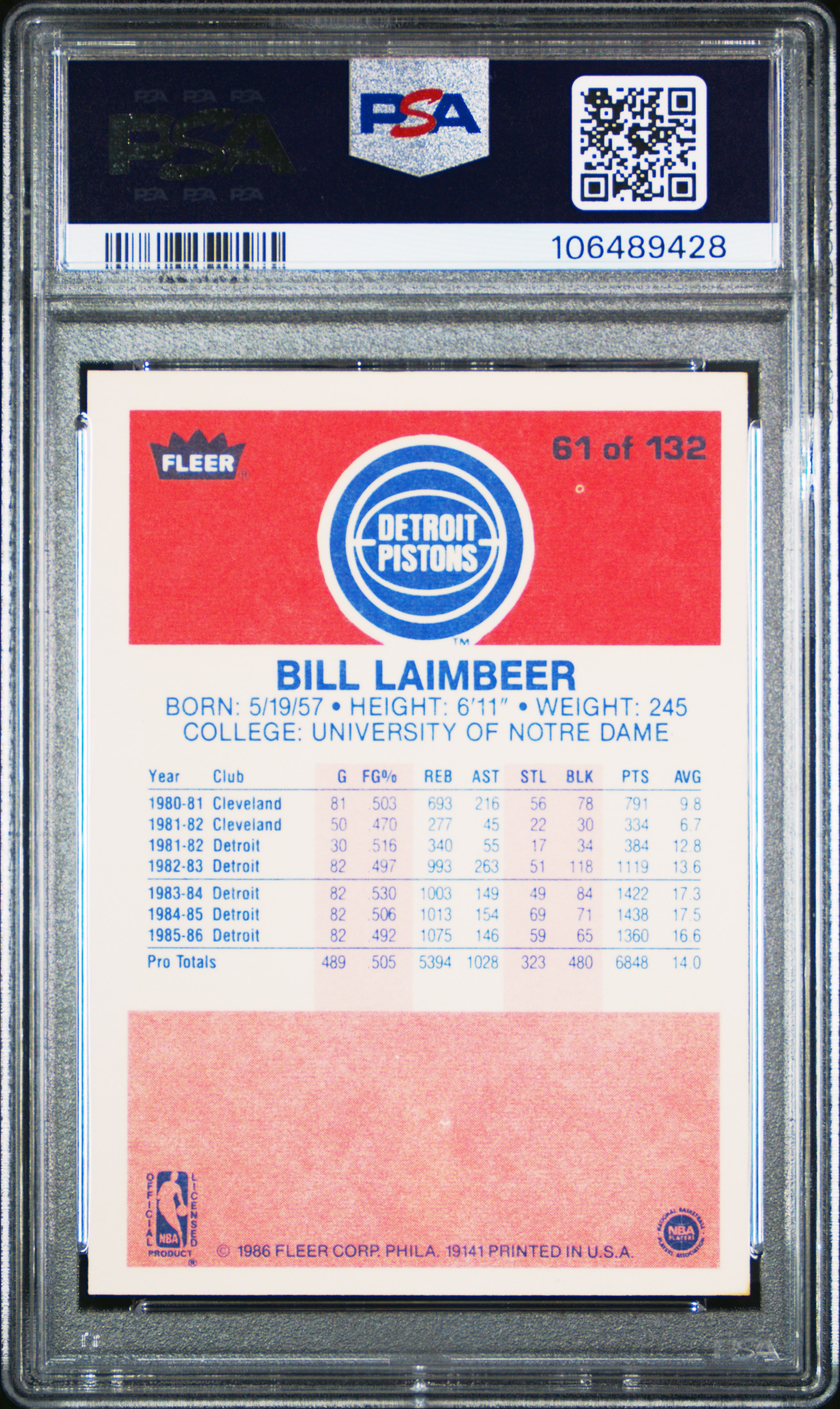 1986 Fleer Bill Laimbeer #61 Nm-Mt 8 front