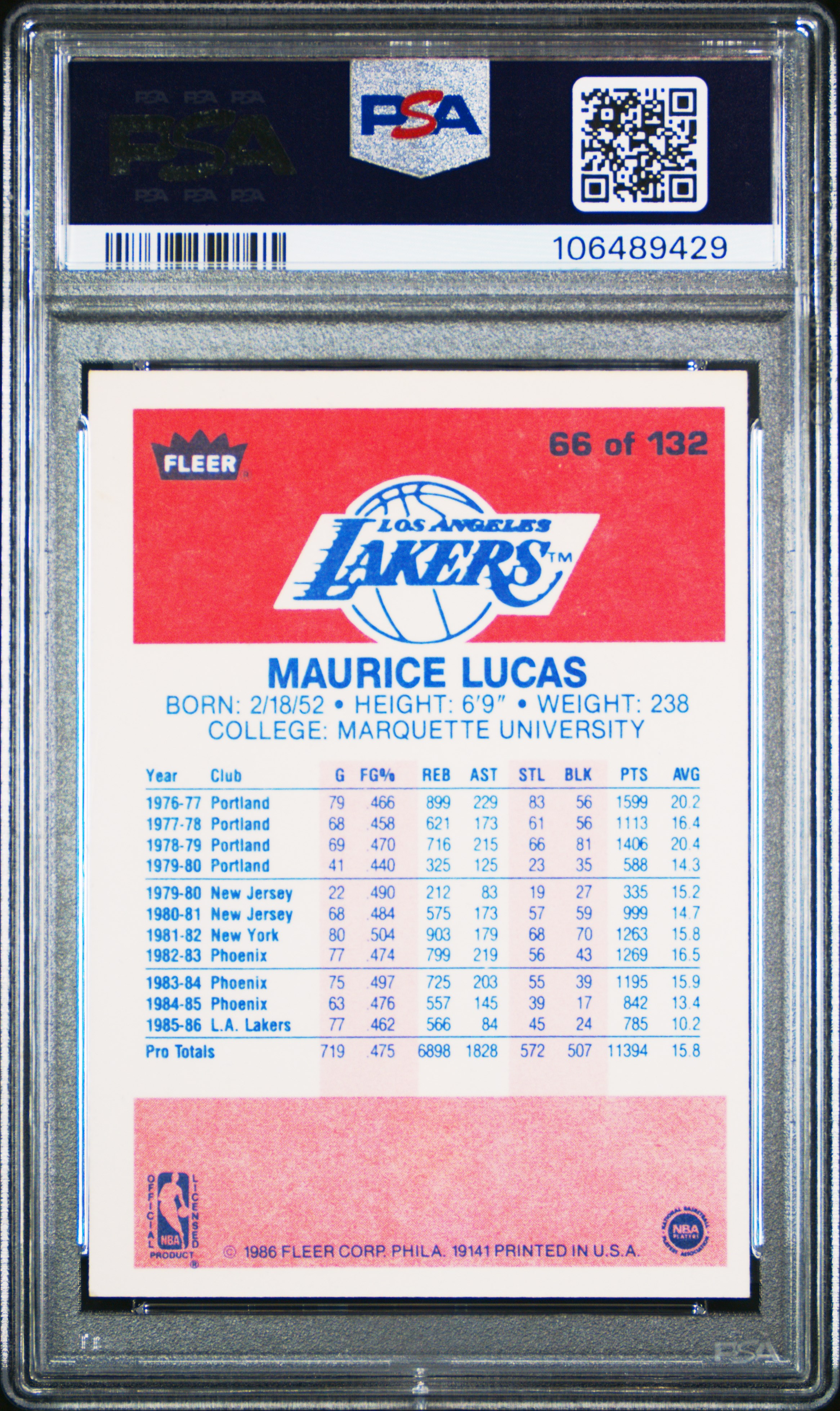 1986 Fleer Maurice Lucas #66 Nm-Mt 8 front