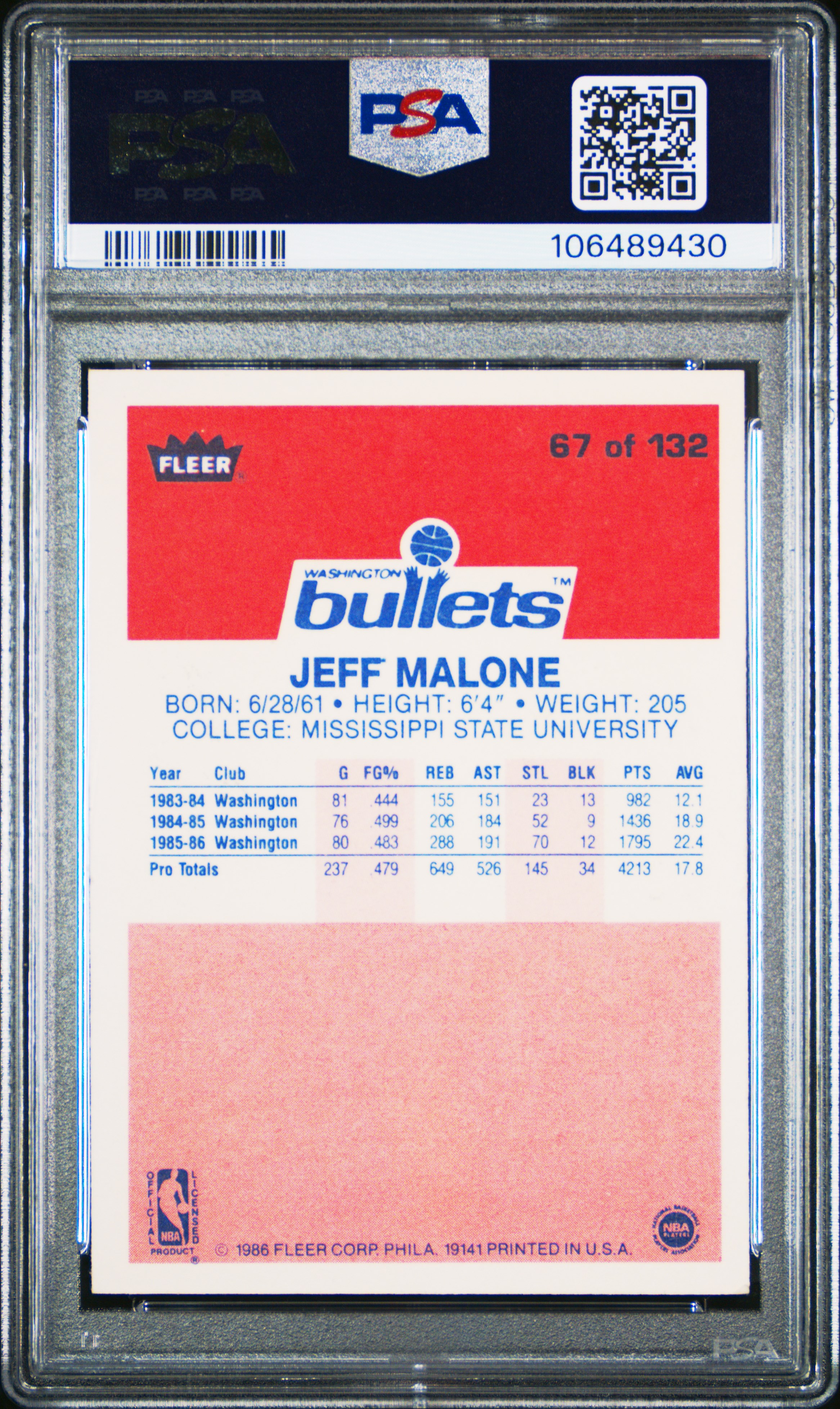 1986 Fleer Jeff Malone #67 Nm-Mt 8 front