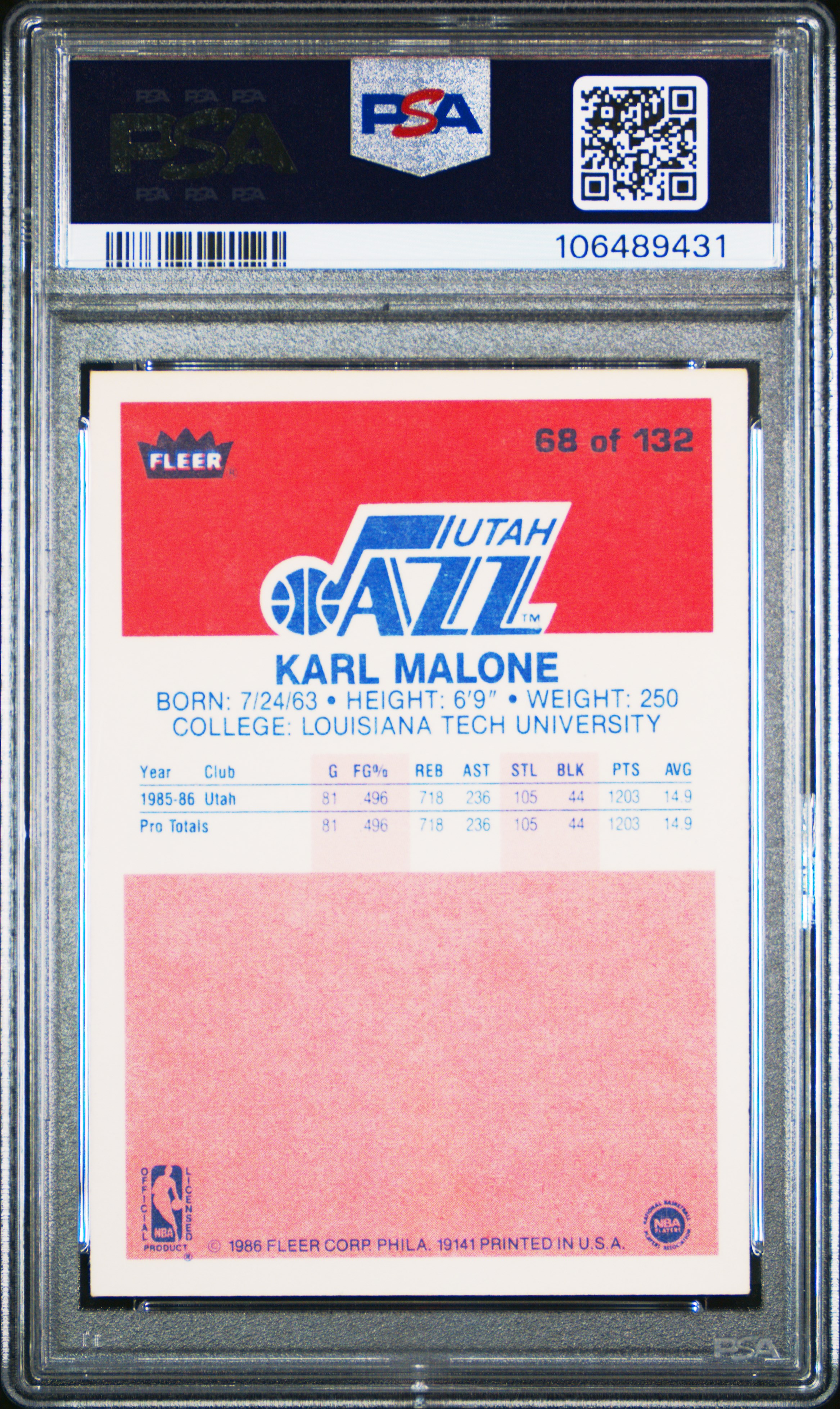 1986 Fleer Karl Malone #68 Nm 7 front