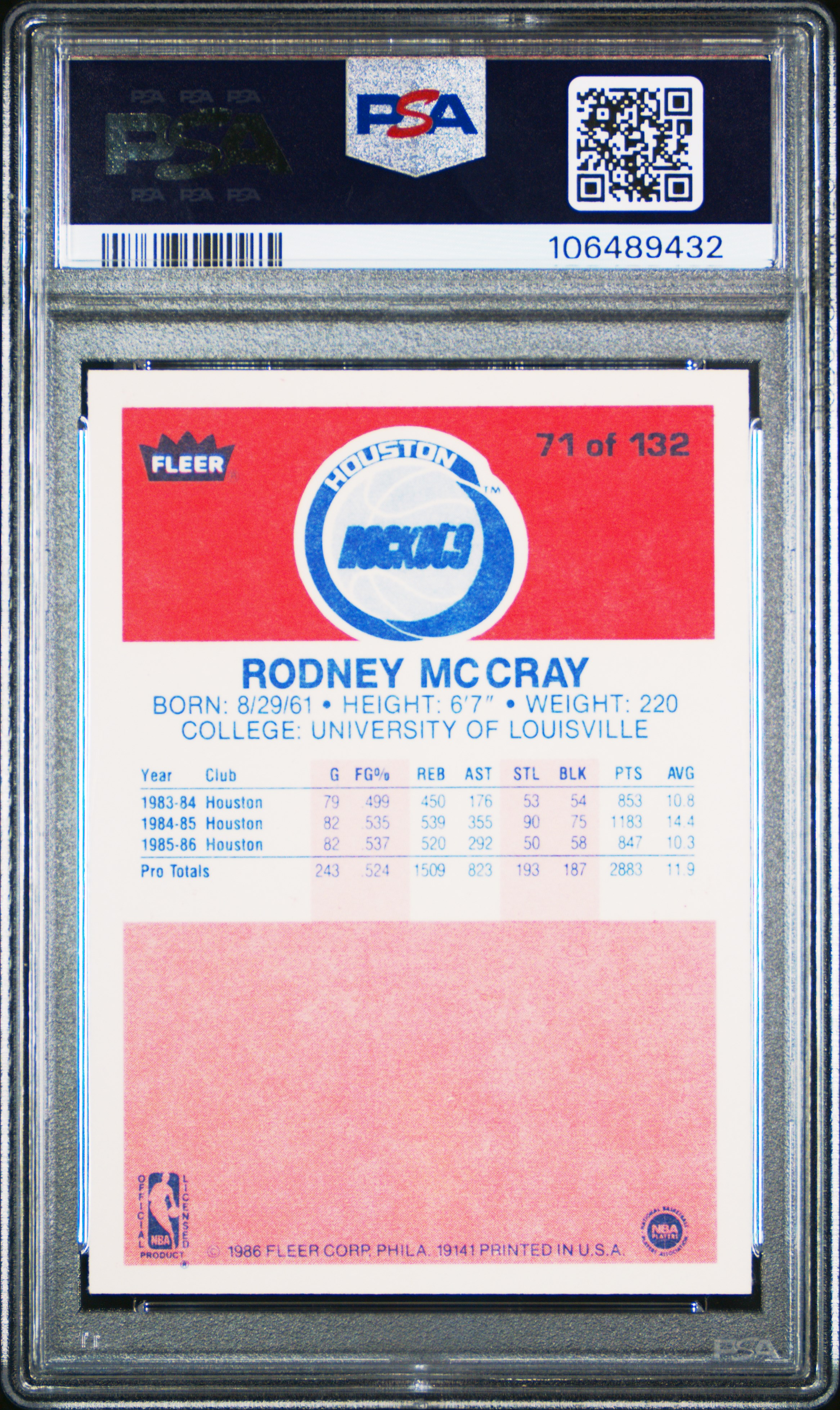 1986 Fleer Rodney Mccray #71 Nm-Mt 8 front