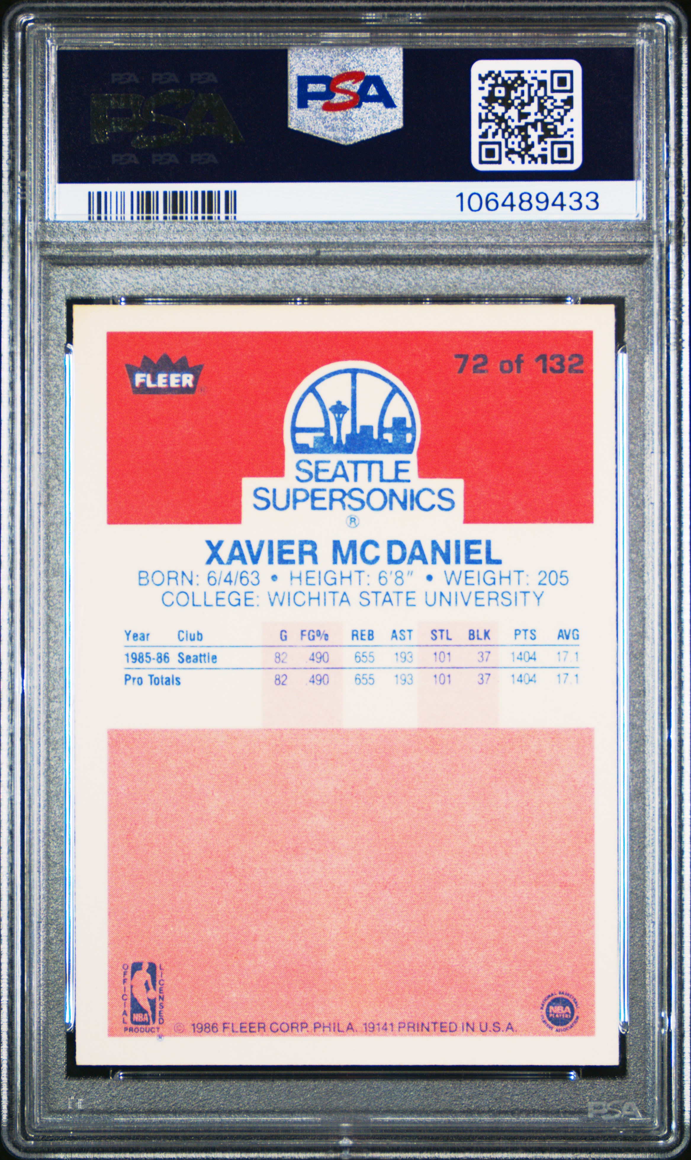 1986 Fleer Xavier Mcdaniel #72 Nm-Mt 8 front