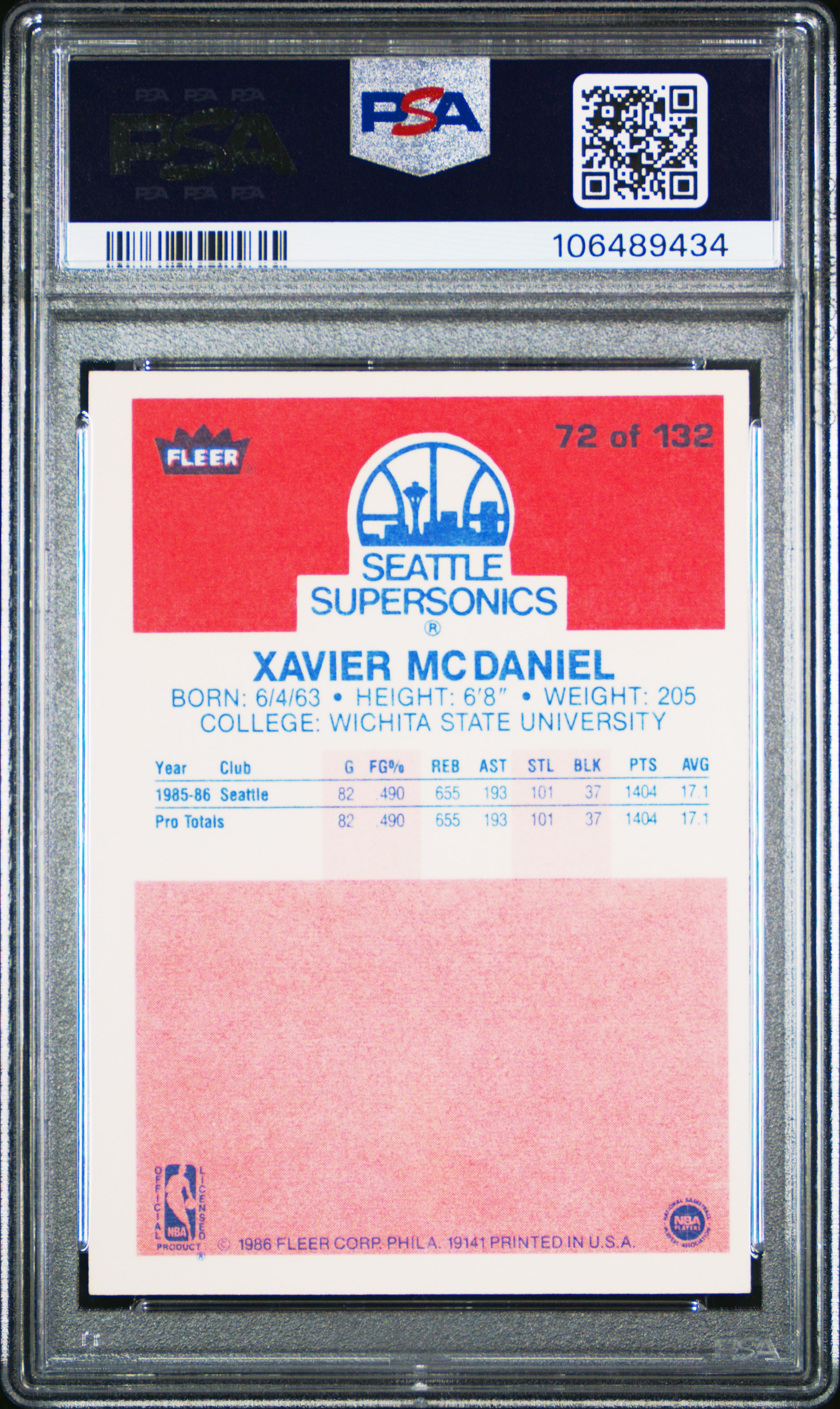 1986 Fleer Xavier Mcdaniel #72 Nm 7 front