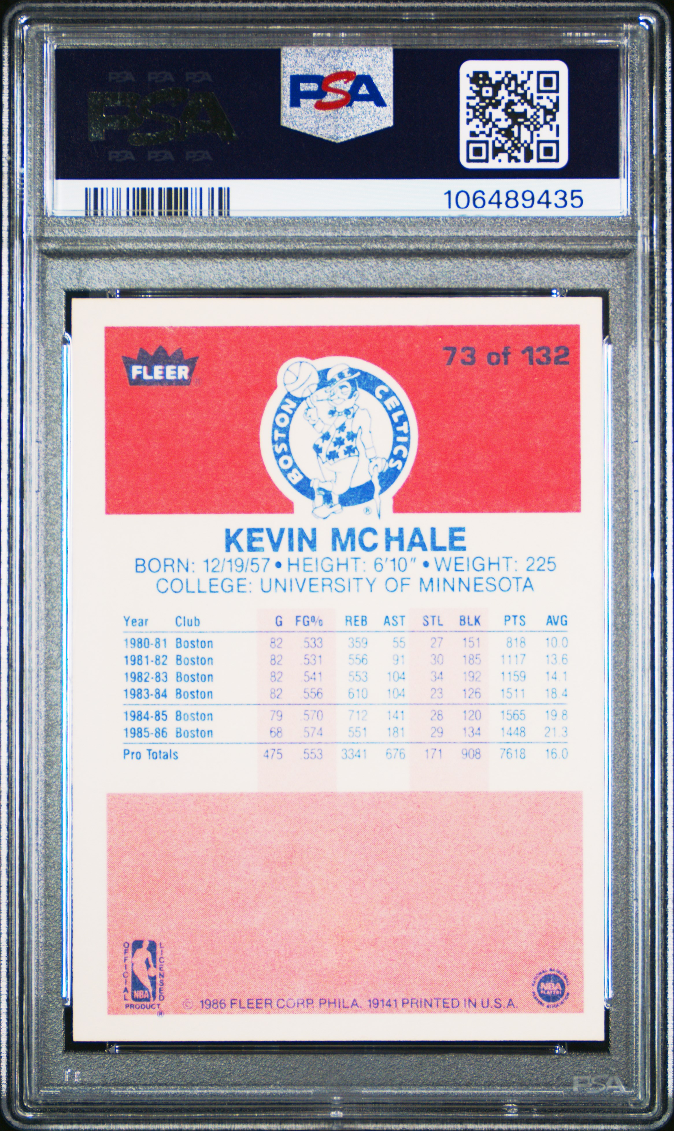 1986 Fleer Kevin Mchale #73 Nm-Mt 8 front