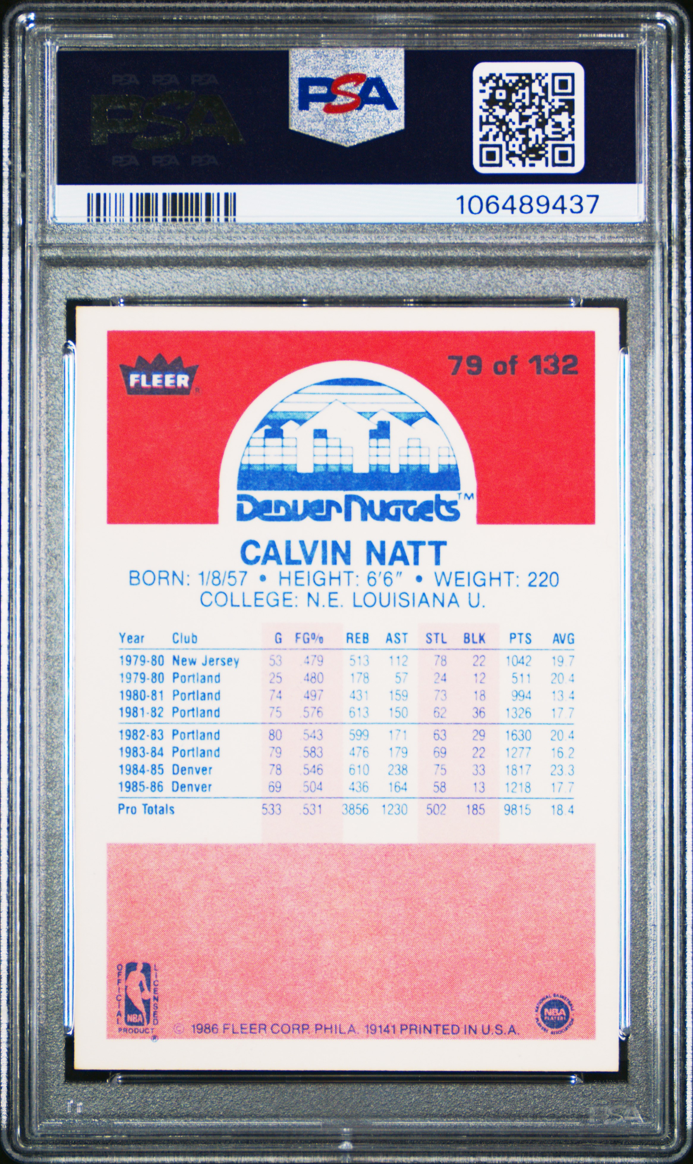 1986 Fleer Calvin Natt #79 Nm-Mt 8 front