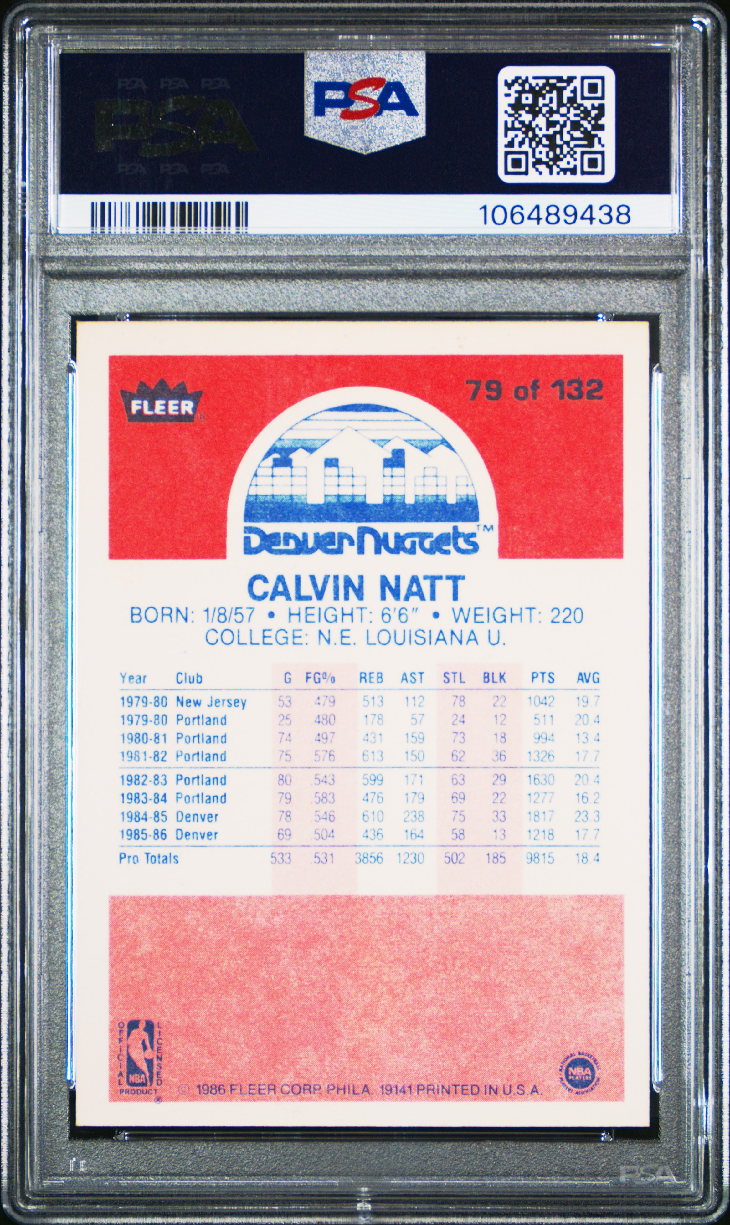 1986 Fleer Calvin Natt #79 Nm 7 front