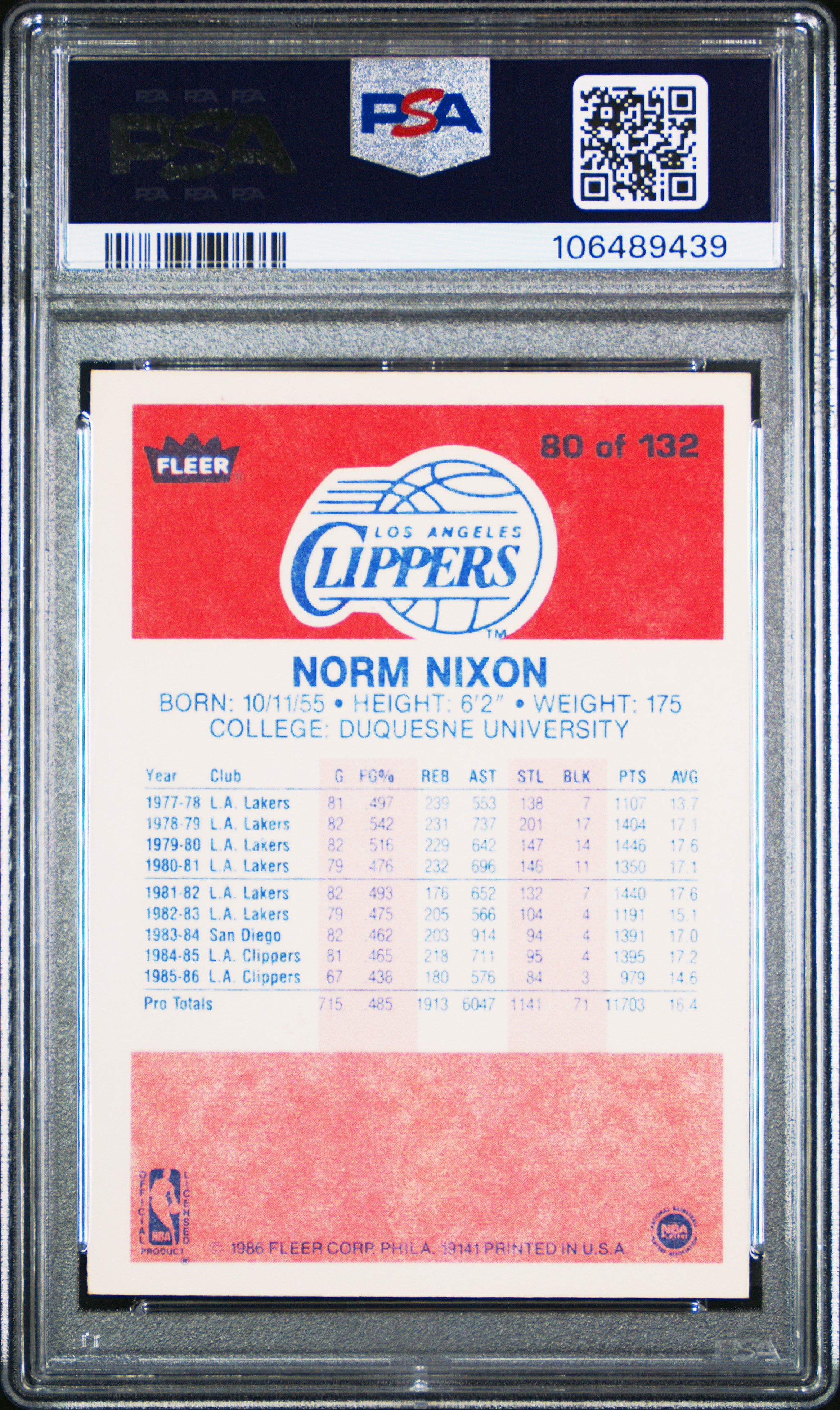 1986 Fleer Norm Nixon #80 Nm-Mt 8 front