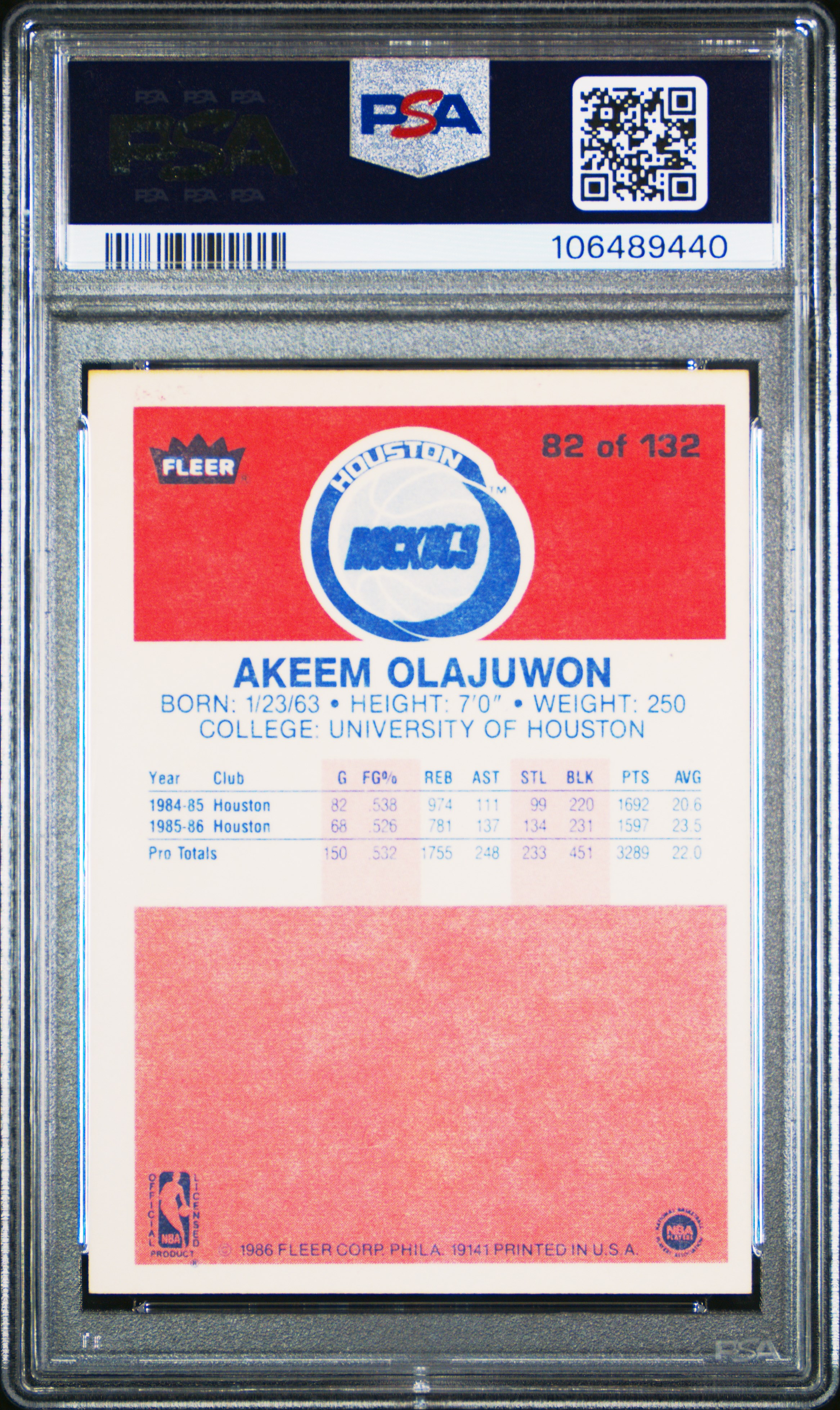 1986 Fleer Akeem Olajuwon #82 Nm-Mt 8 front