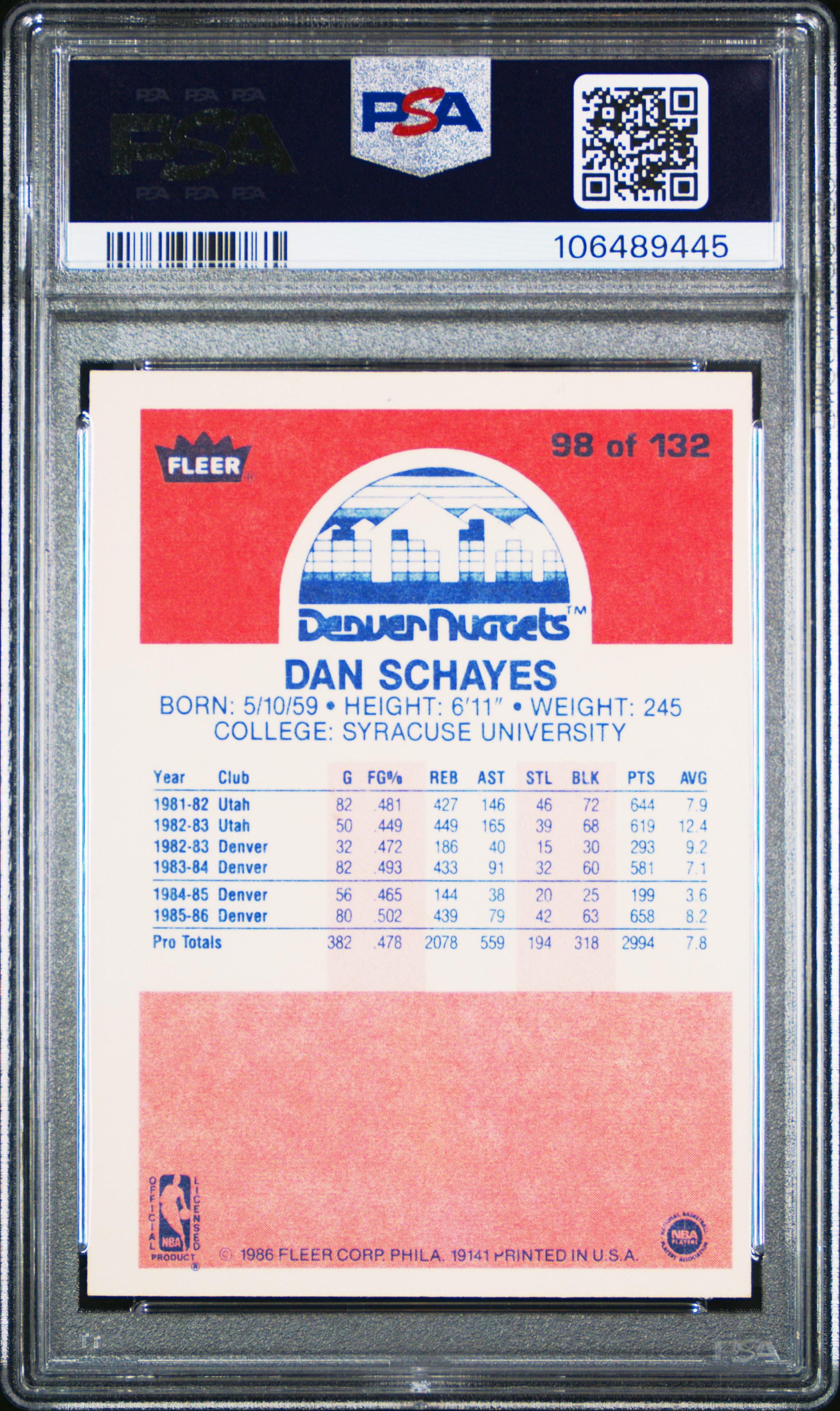 1986 Fleer Dan Schayes #98 Nm 7 front