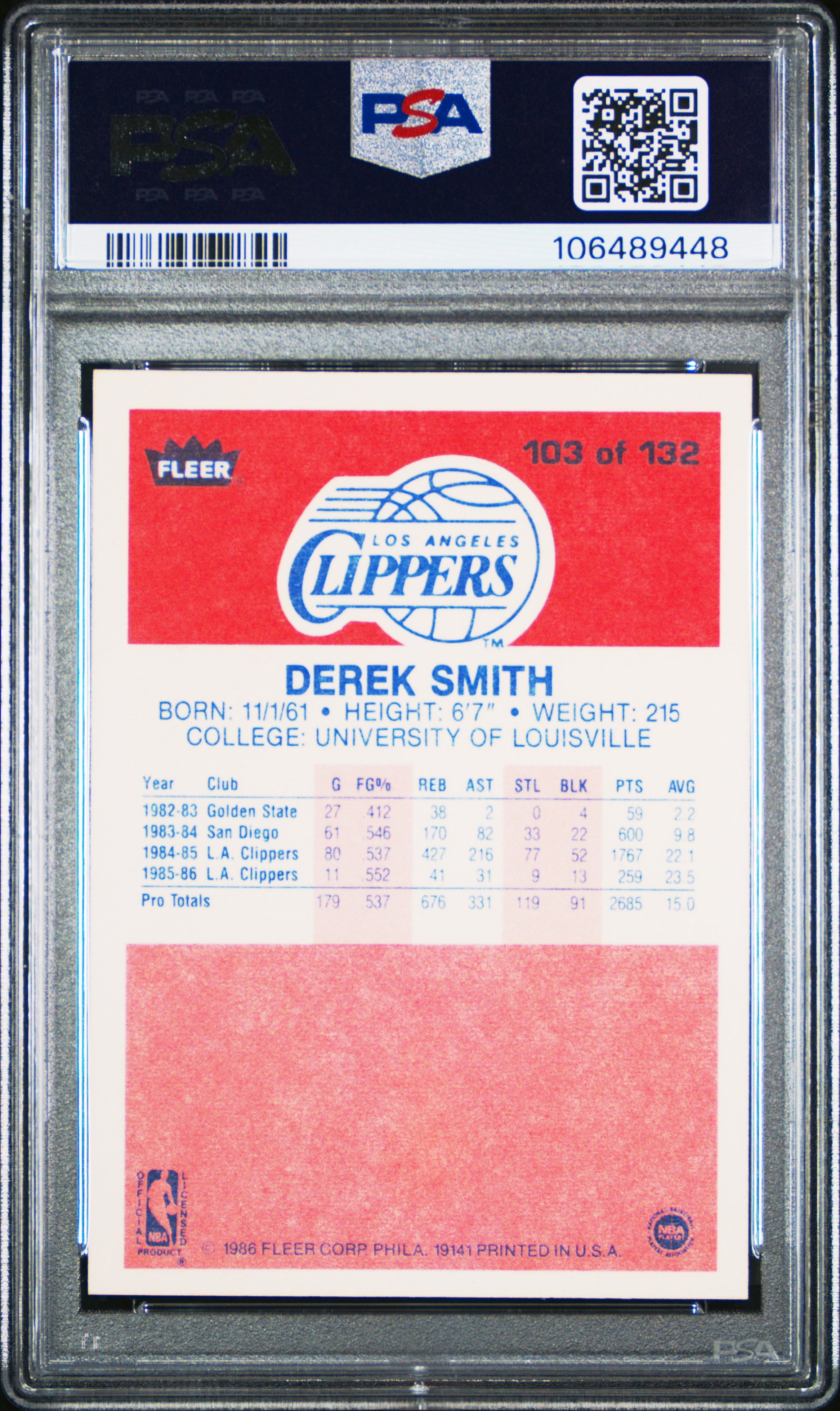 1986 Fleer Derek Smith #103 Nm 7 front