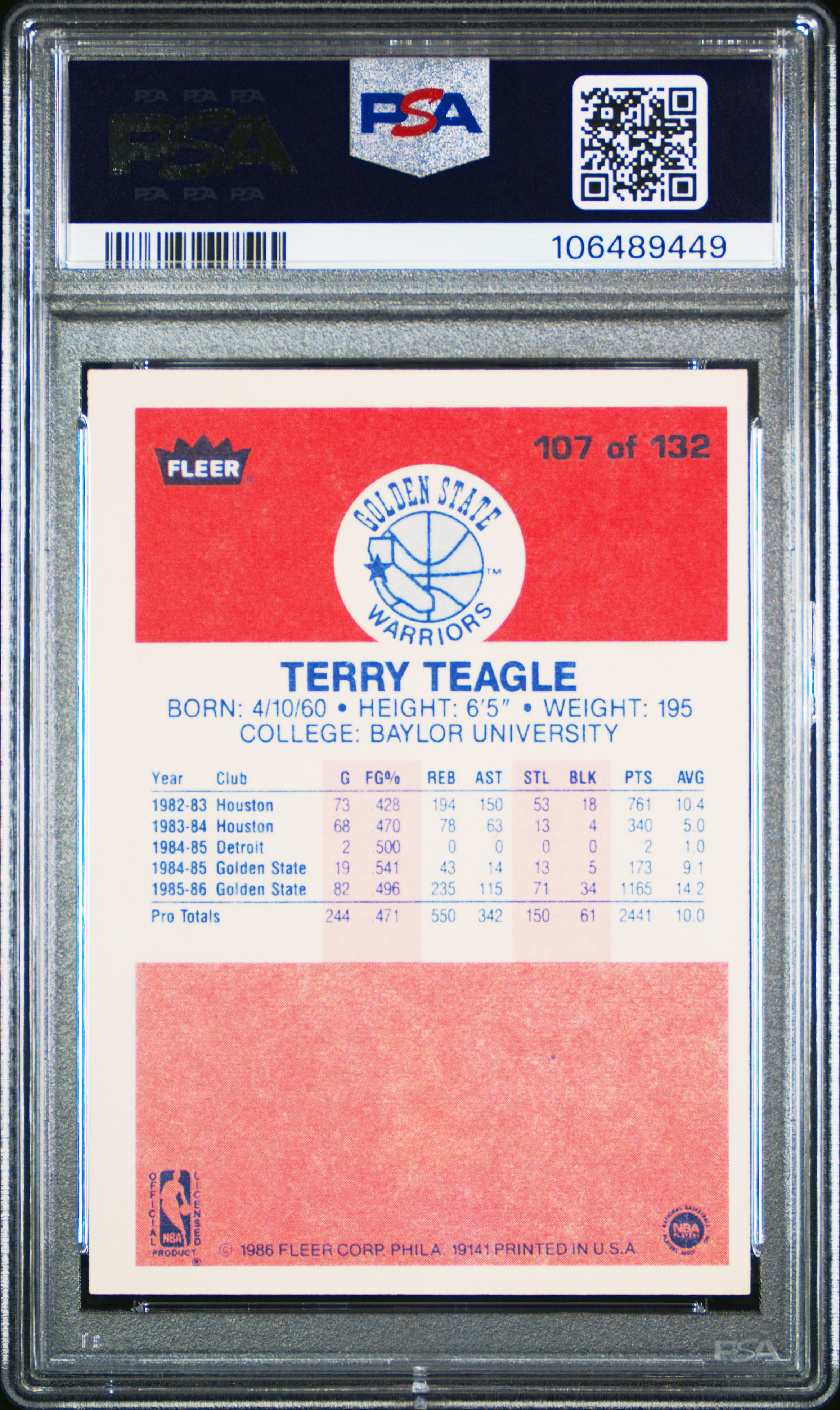 1986 Fleer Terry Teagle #107 Nm-Mt 8 front