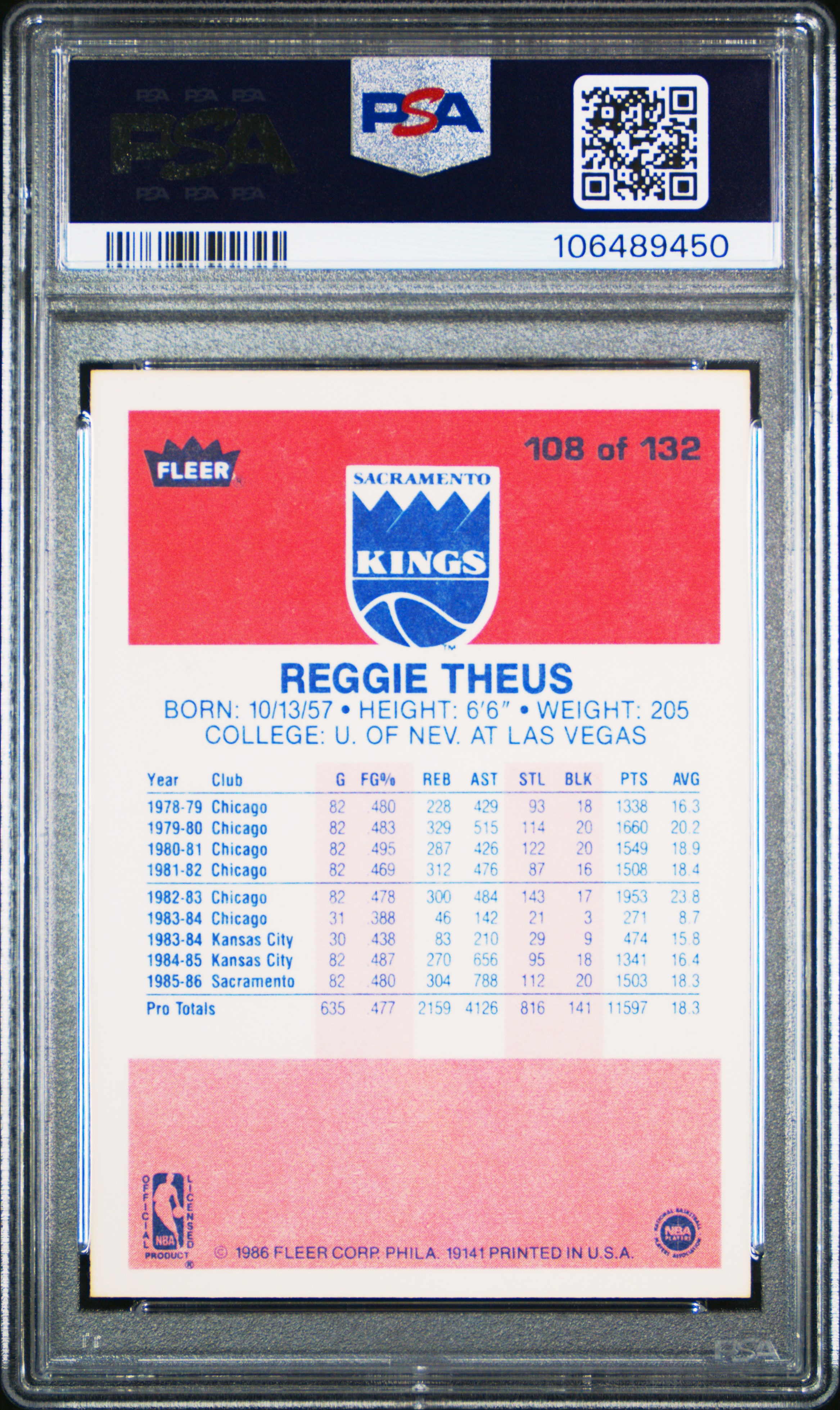 1986 Fleer Reggie Theus #108 Nm-Mt 8 front