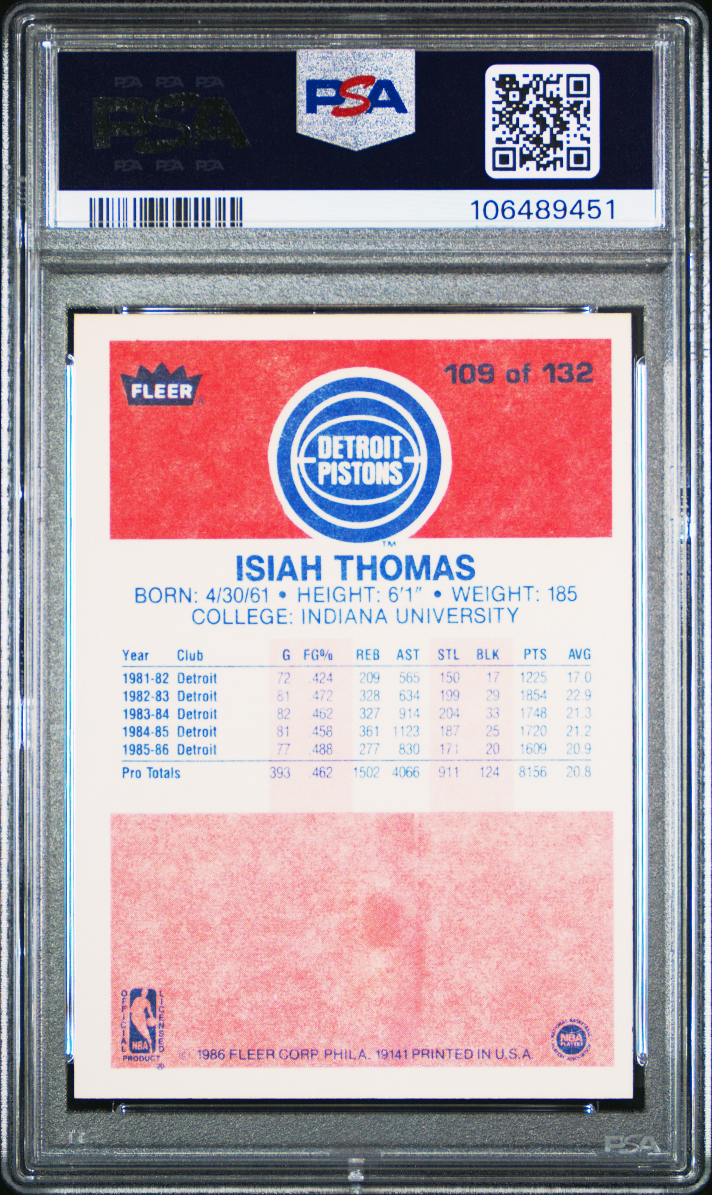 1986 Fleer Isiah Thomas #109 Nm 7 front