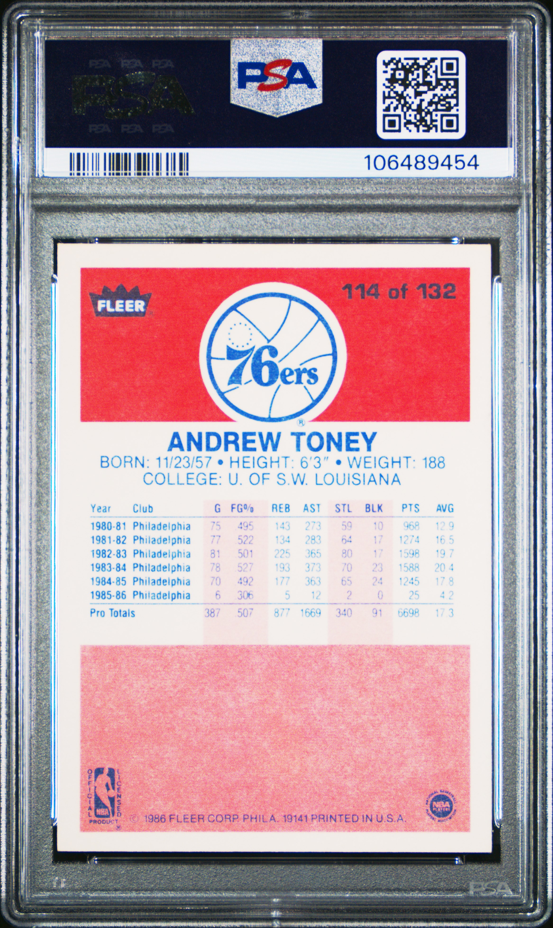 1986 Fleer Andrew Toney #114 Nm 7 front