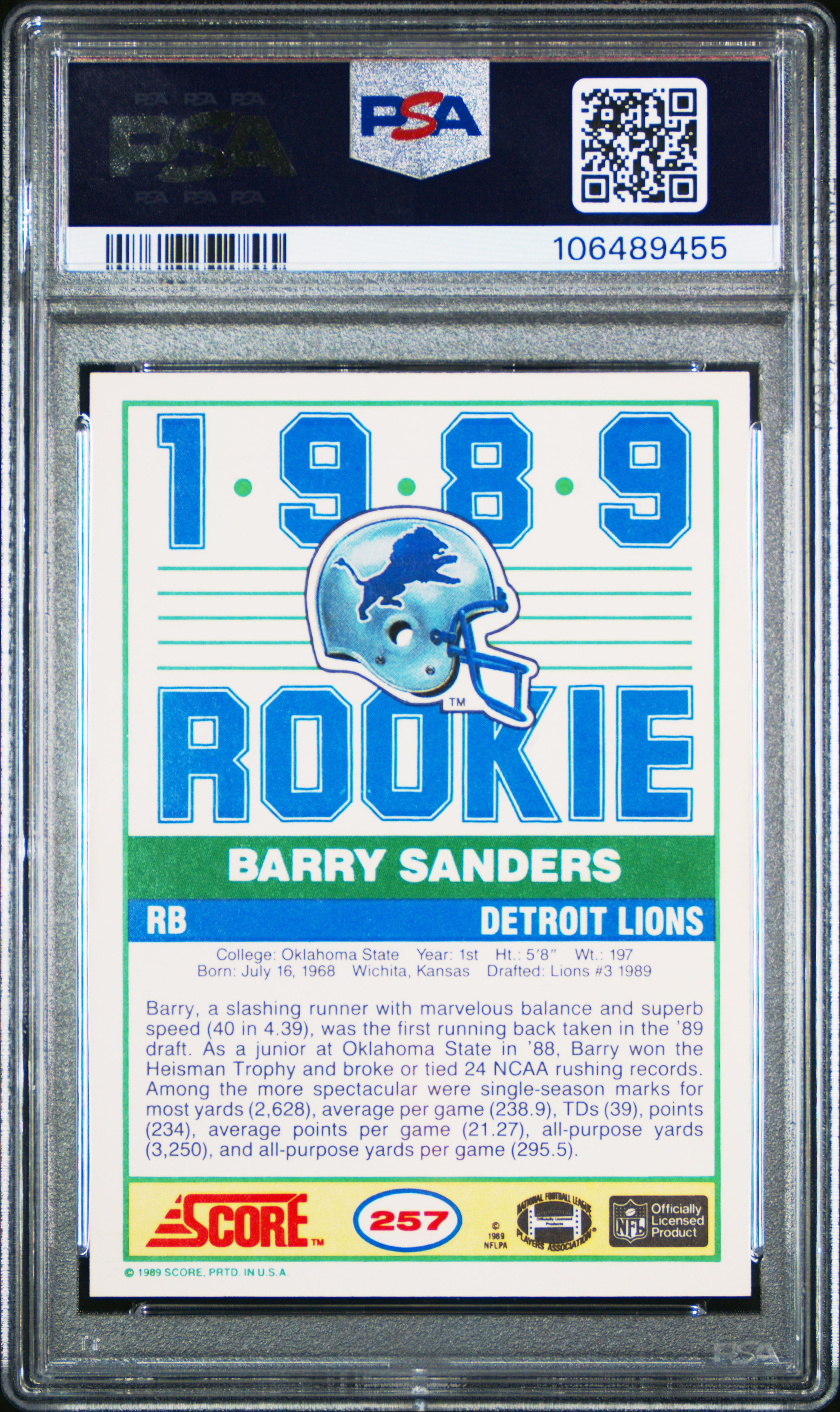1989 Score Barry Sanders #257 Mint 9 front
