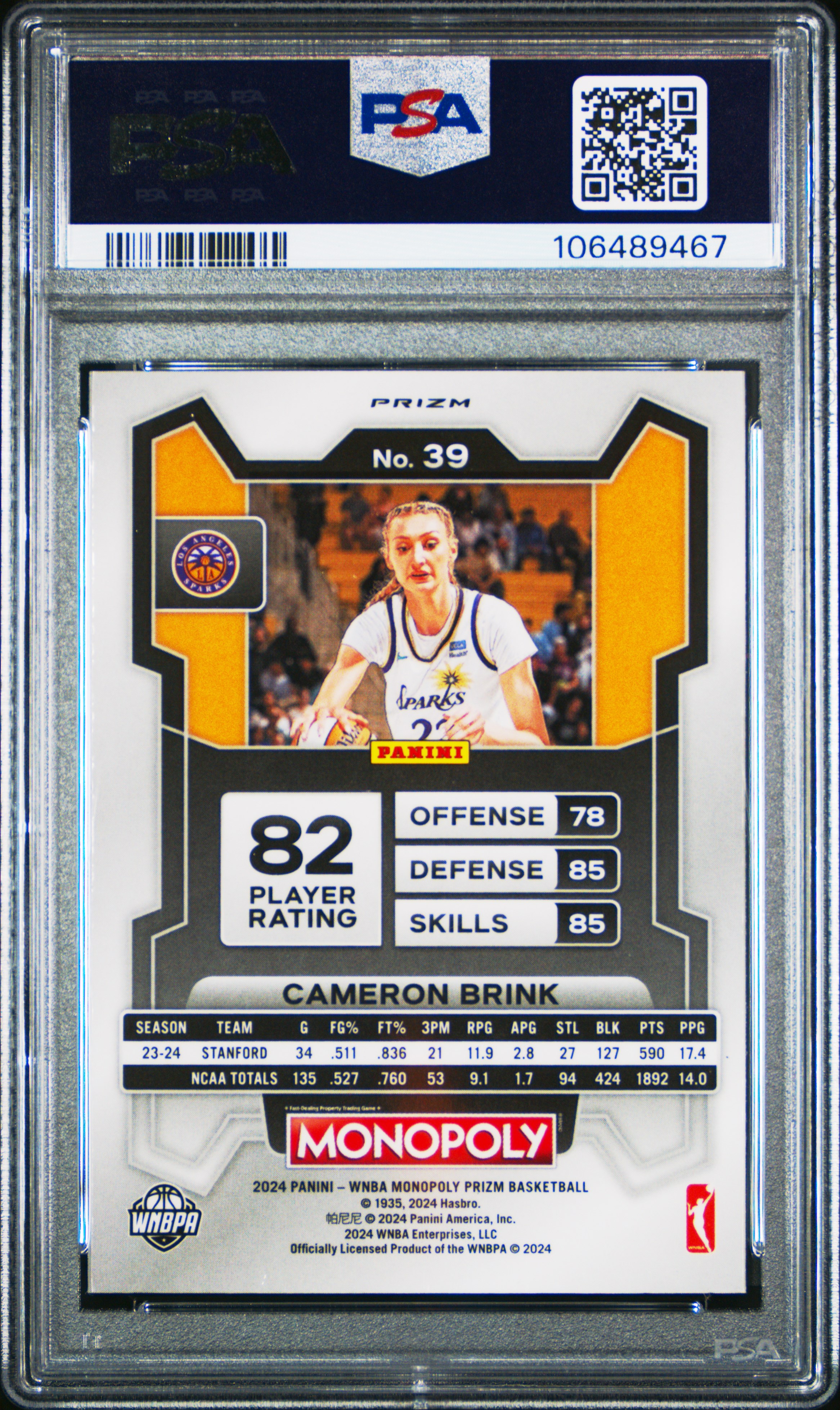 2024 Panini Prizm Monopoly Wnba Cameron Brink #39 (Silver Prizm) Mint 9 front