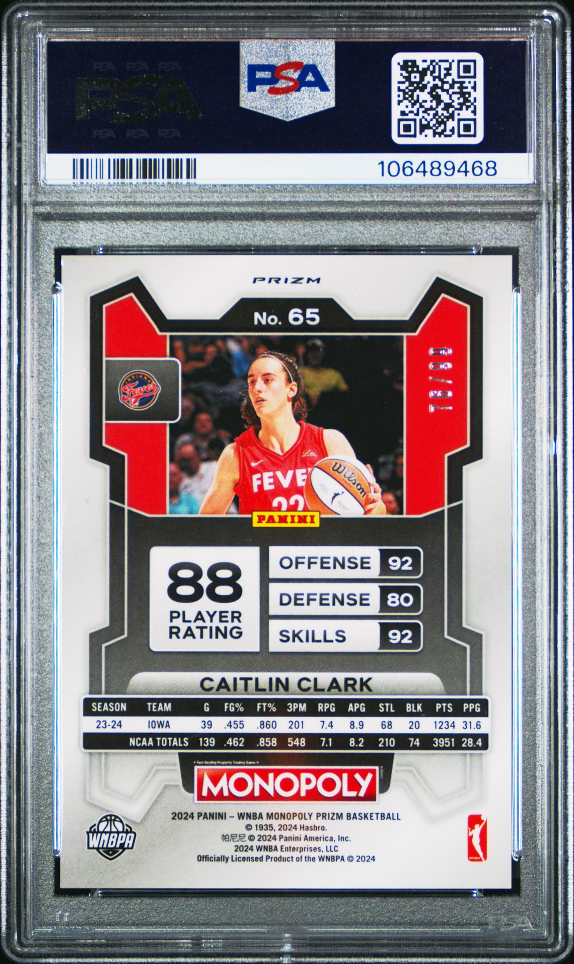 2024 Panini Prizm Monopoly Wnba Caitlin Clark #65 (Red Prizm) Gem Mt 10 back