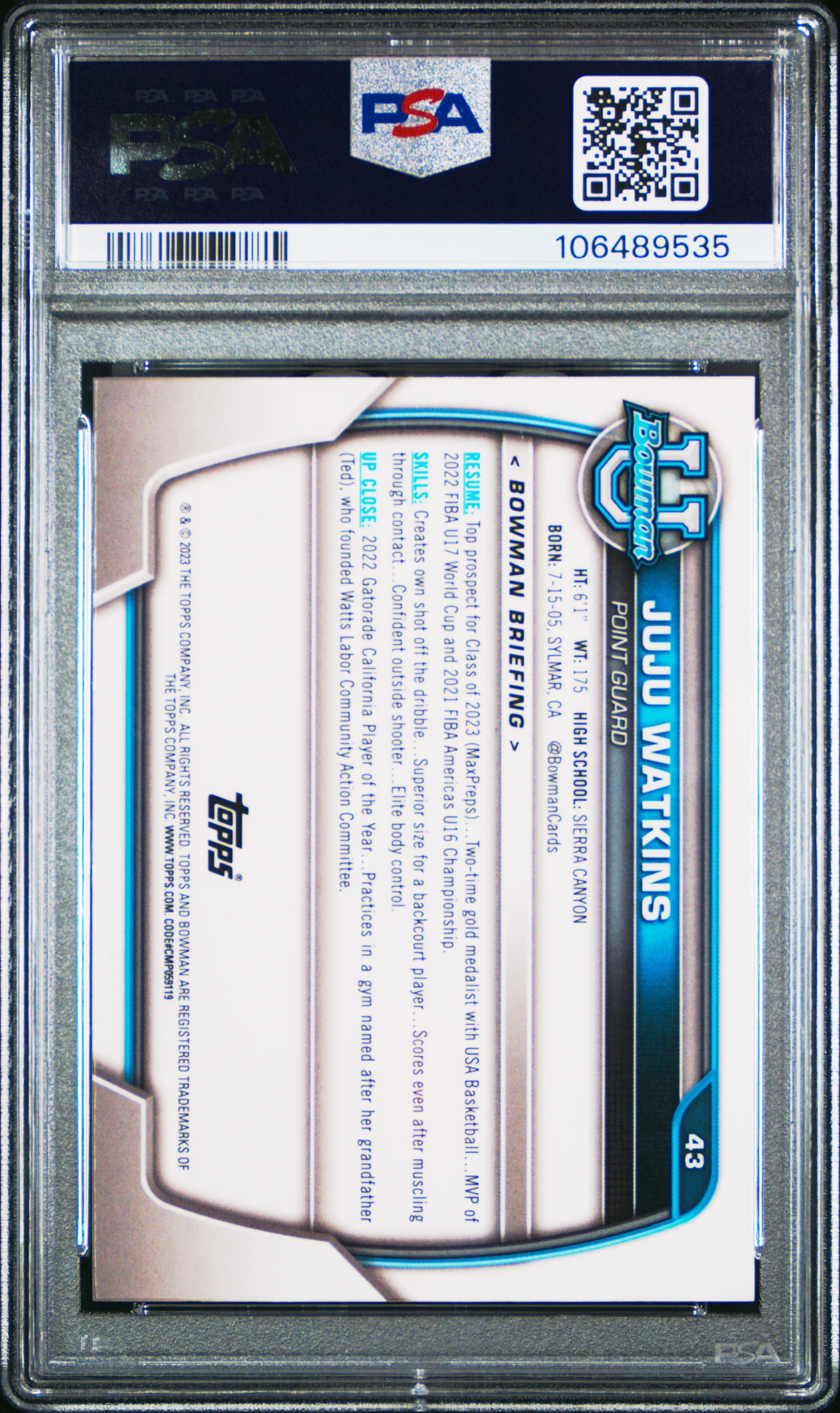 2022 Bowman Chrome University Juju Watkins #43 Gem Mt 10 front