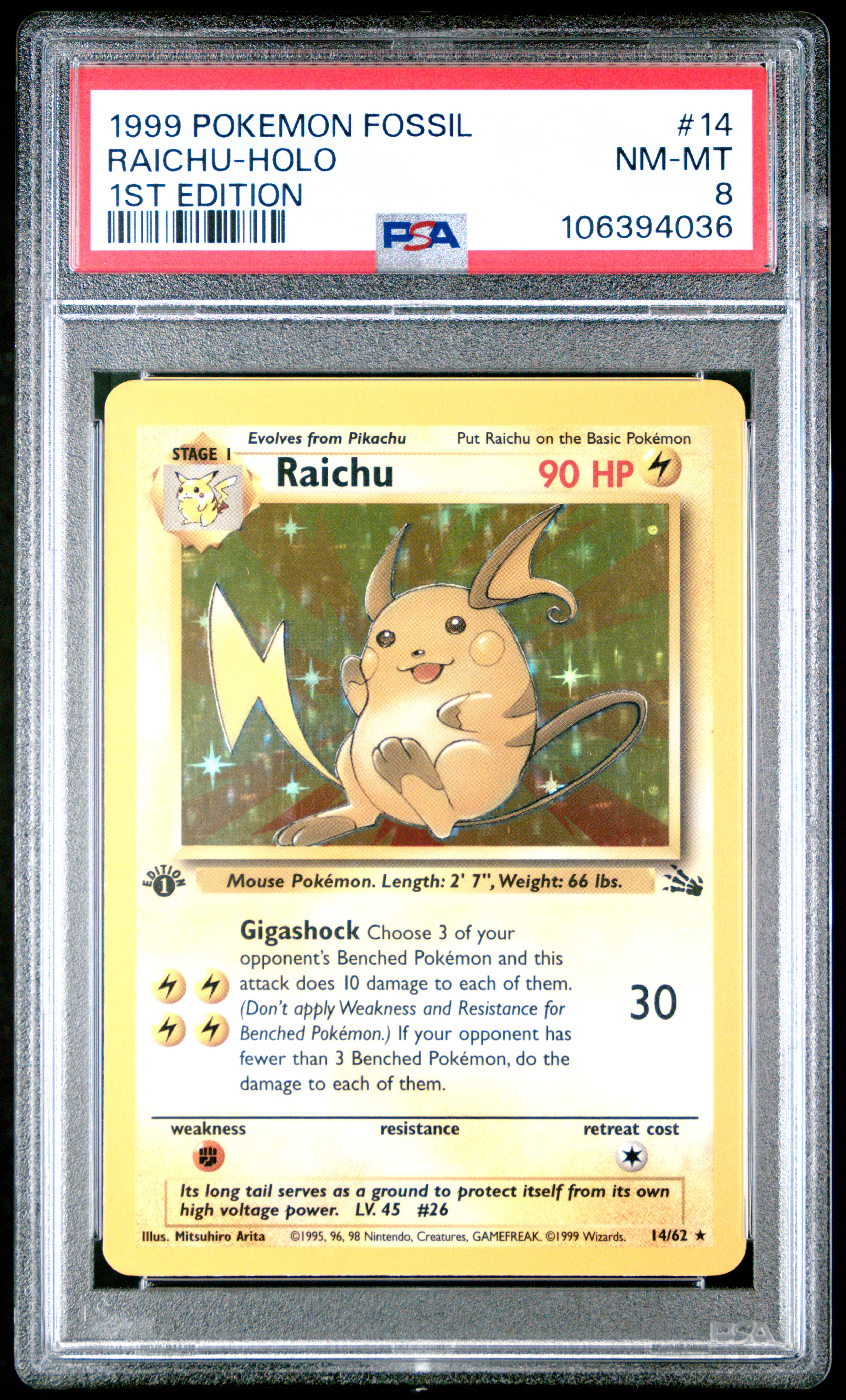 1999 Pokemon Fossil Raichu-Holo #14 (1St Edition) Nm-Mt 8 front