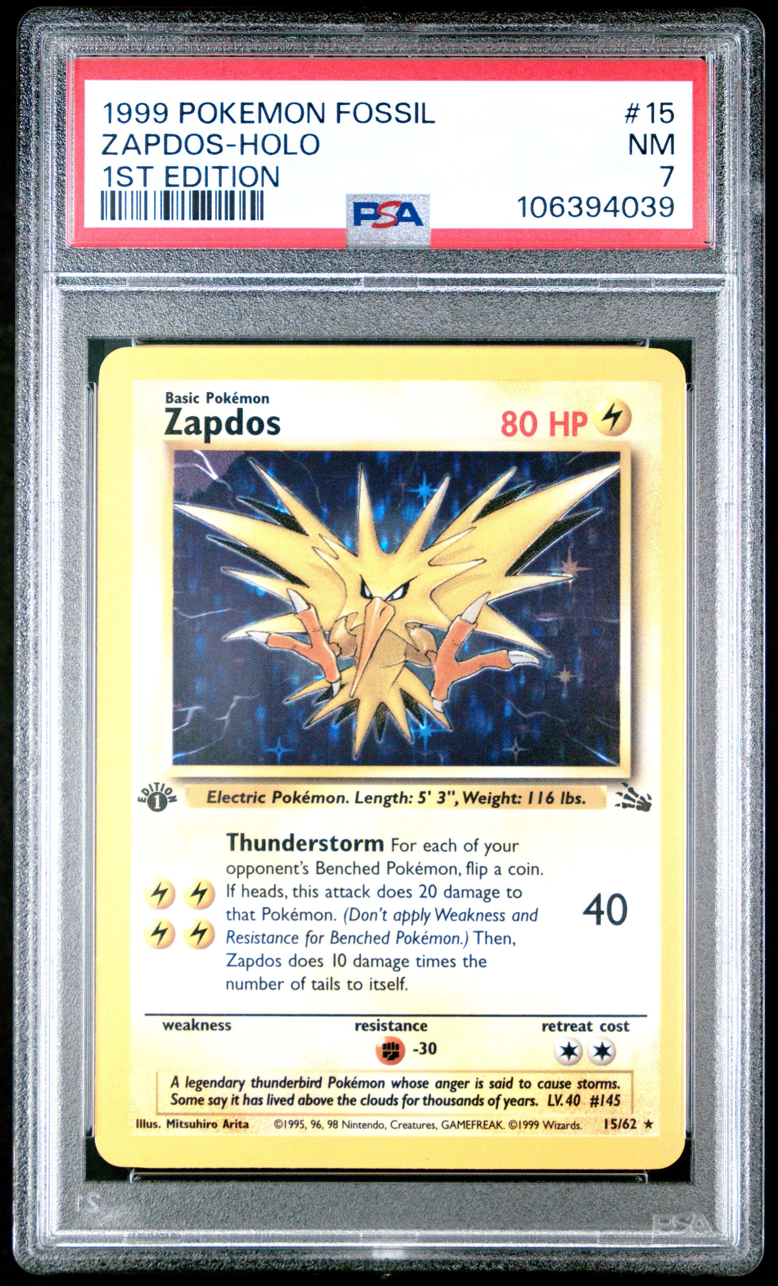1999 Pokemon Fossil Zapdos-Holo #15 (1St Edition) Nm 7 front